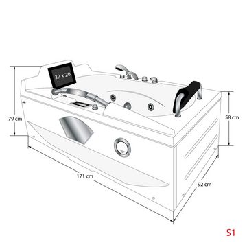 AcquaVapore Whirlpool-Badewanne Whirlpool Pool Badewanne Wanne mit TV T42L 92x171cm, Nackenstütze, Whirlpool Jets