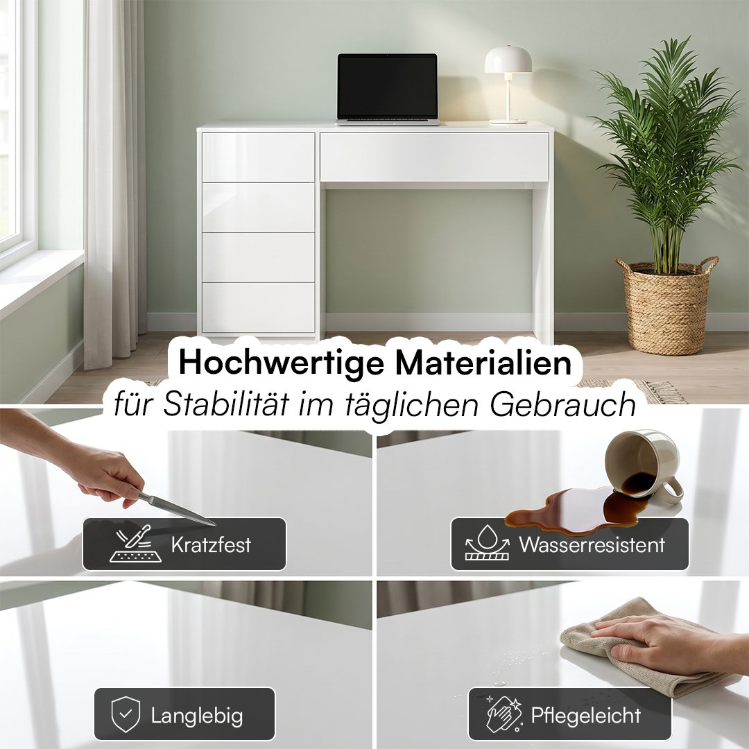 Bellamio Schreibtisch Livny mit 5 Schubladen, beidseitig montierbar (Push-to-Open, weiß), 80x53x110 cm – Bild 5 von 5