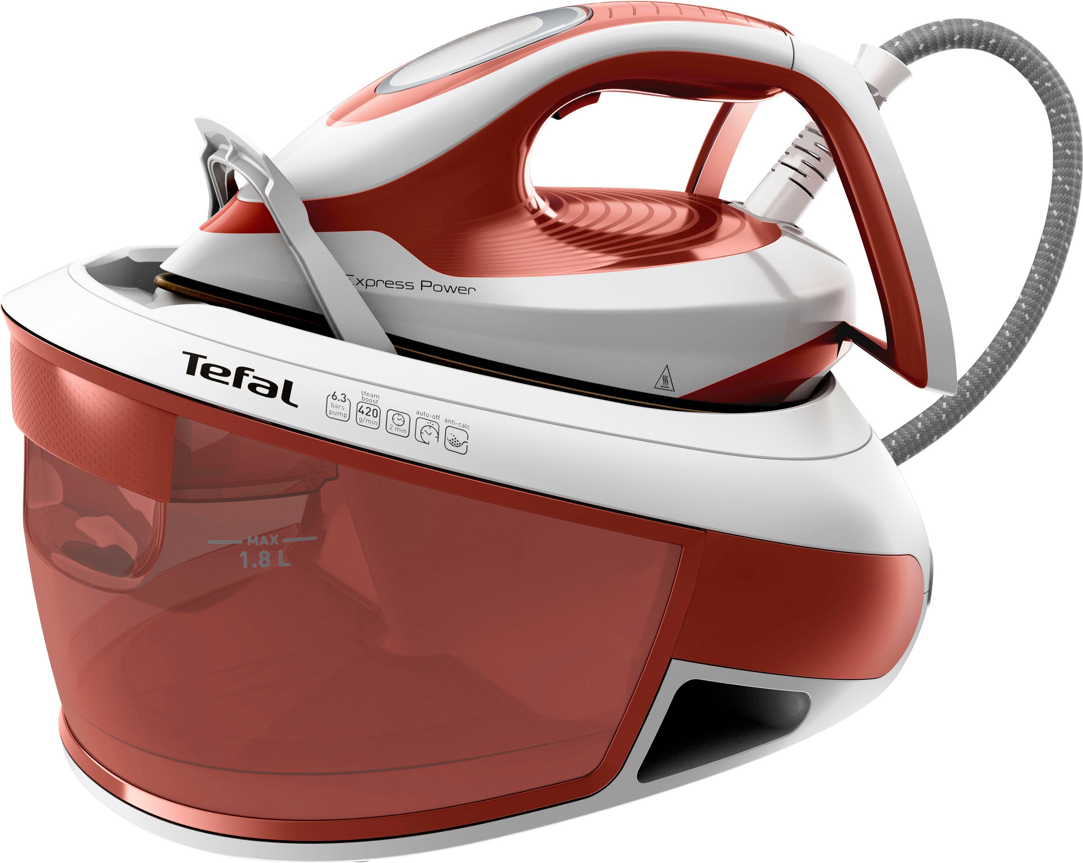 Tefal Dampfbügelstation Express Power, 6,3 Bar Druck, 1,8 L Wassertank, Kalk-Kollektor, 1800 ml Wassertank, 420 g/Min. extra Dampfstoß, ideal für alle Textilien, SV8110