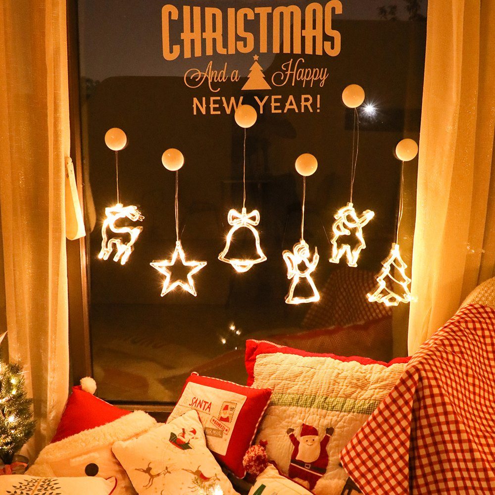 Lichtervorhang LED-Lichterkette Sunicol Saugnapf, Hängendes mit Decor, Rentier Warmweiß,Batteriebetriebene, Party Weihnachten für LED Hochzeit Fensterdeko, Balkon, Lichter,