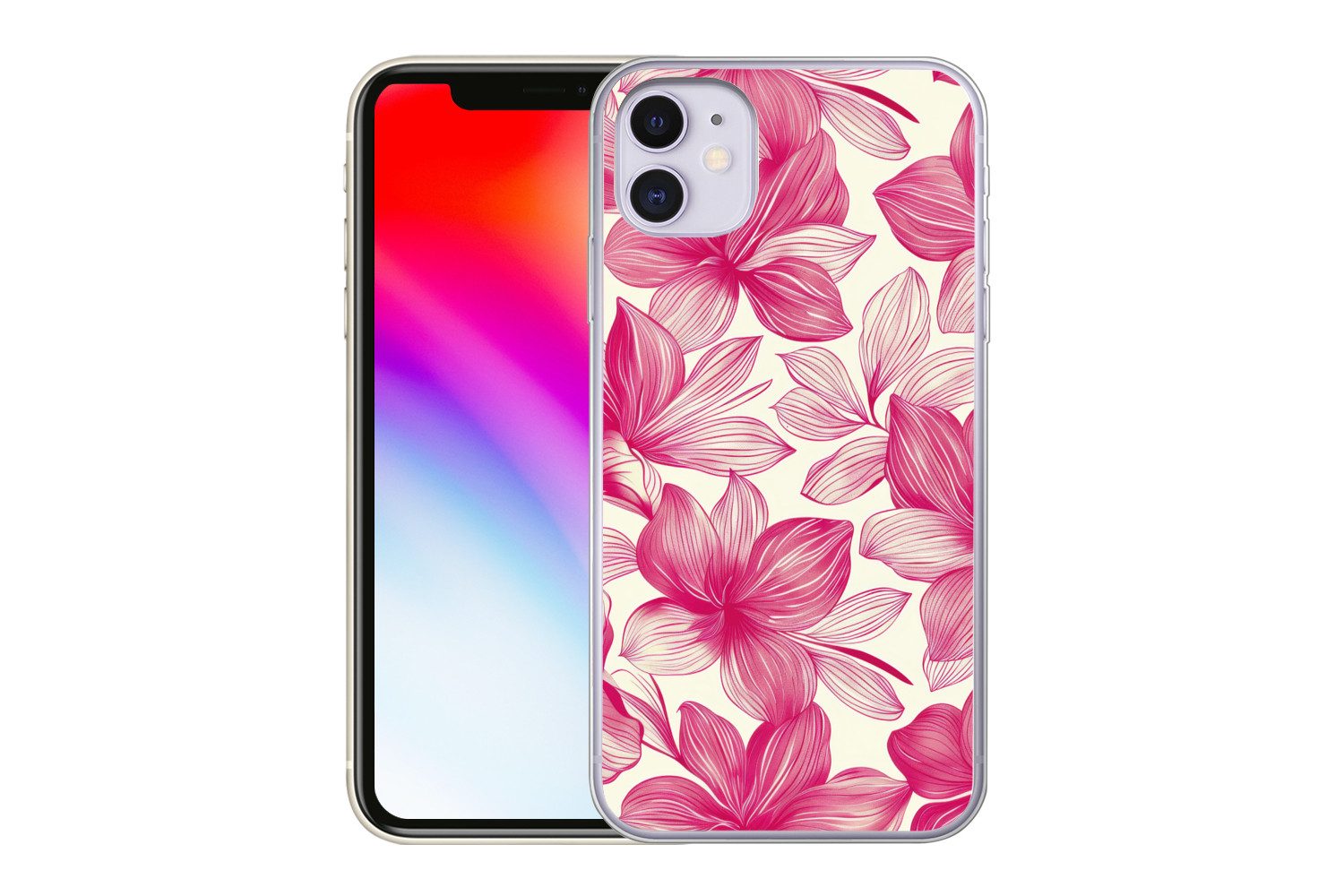MuchoWow Handyhülle für Apple iPhone 11 Blumen - Muster - Rosa - Weiß, Smartphone-Bumper, Print, Handy Schutzhülle Dünn