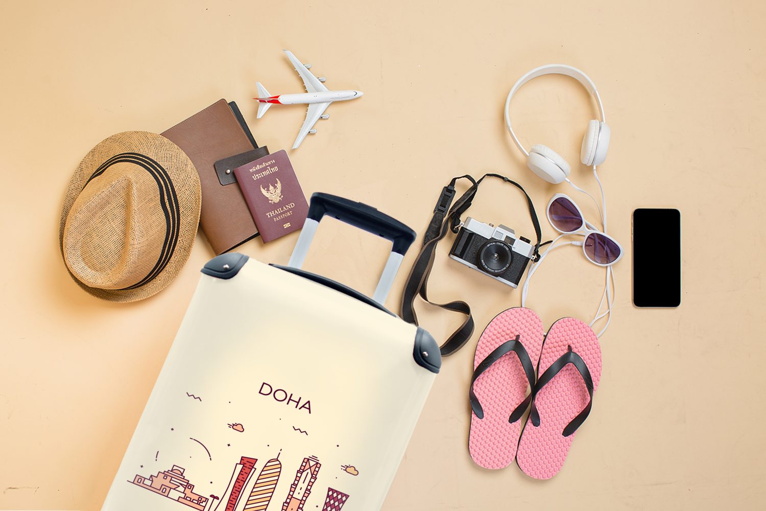 Doha, für rollen, Trolley, Handgepäck Ferien, MuchoWow - - Skyline Reisetasche Katar Handgepäckkoffer 4 mit Reisekoffer Rollen,