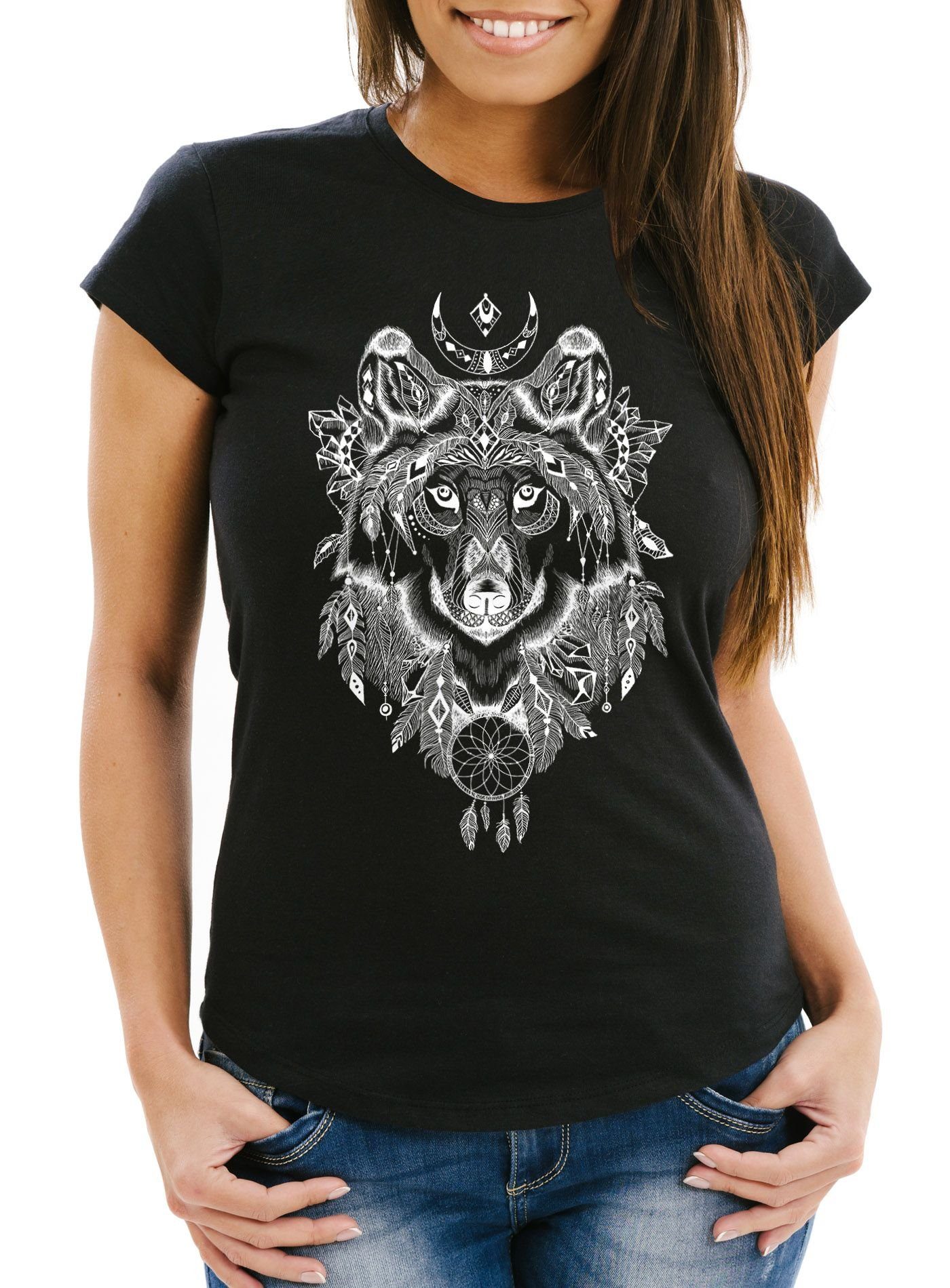 Neverless Print-Shirt Damen T-Shirt Wolf Traumfänger Atzekenmuster Boho Atzec Ethno mit Print