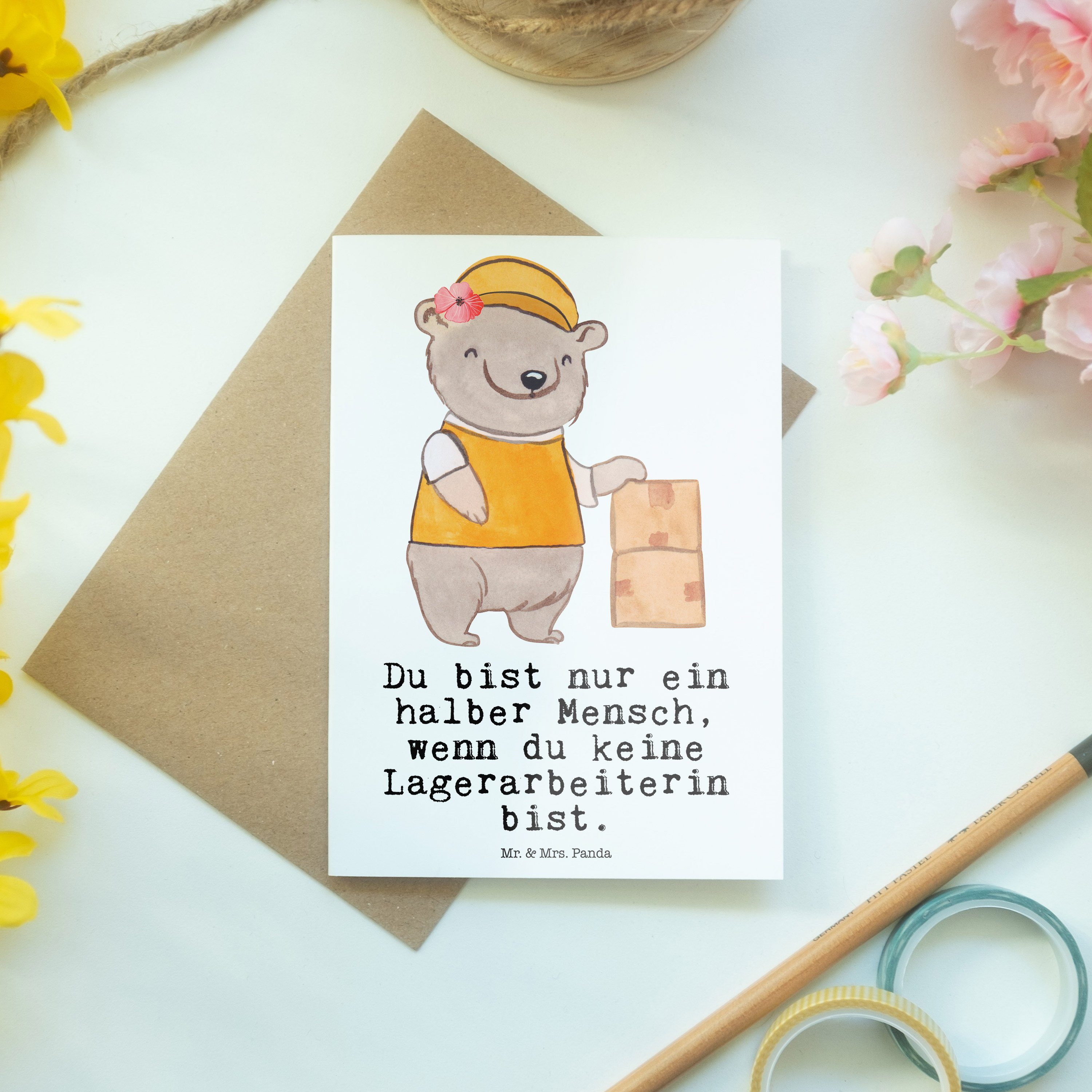 Mr. & Mrs. Herz Panda Kollegi Grußkarte Weiß mit - Geschenk, - Lagerarbeiterin Glückwunschkarte
