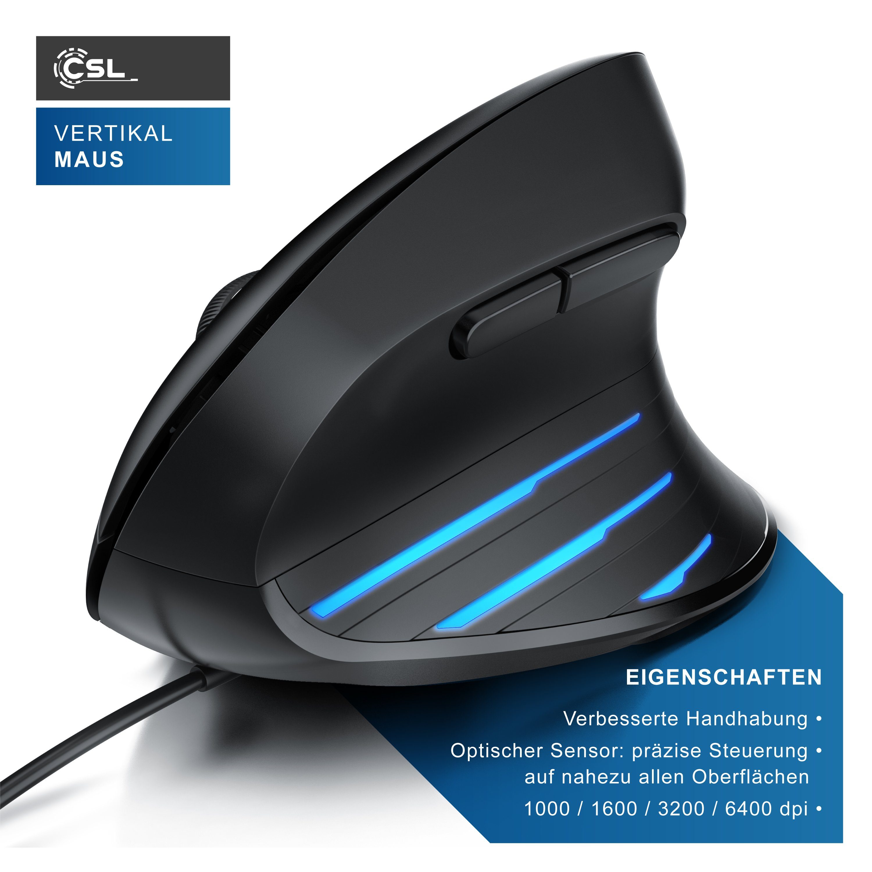 CSL 6400 DPI, 6 Tasten, für Rechtshänder, Vertikalmaus PC & Mac kompatibel ergonomische Maus (kabelgebunden, optische vertikale Mouse, Vorbeugung von Mausarm / Tennisarm (RSI)