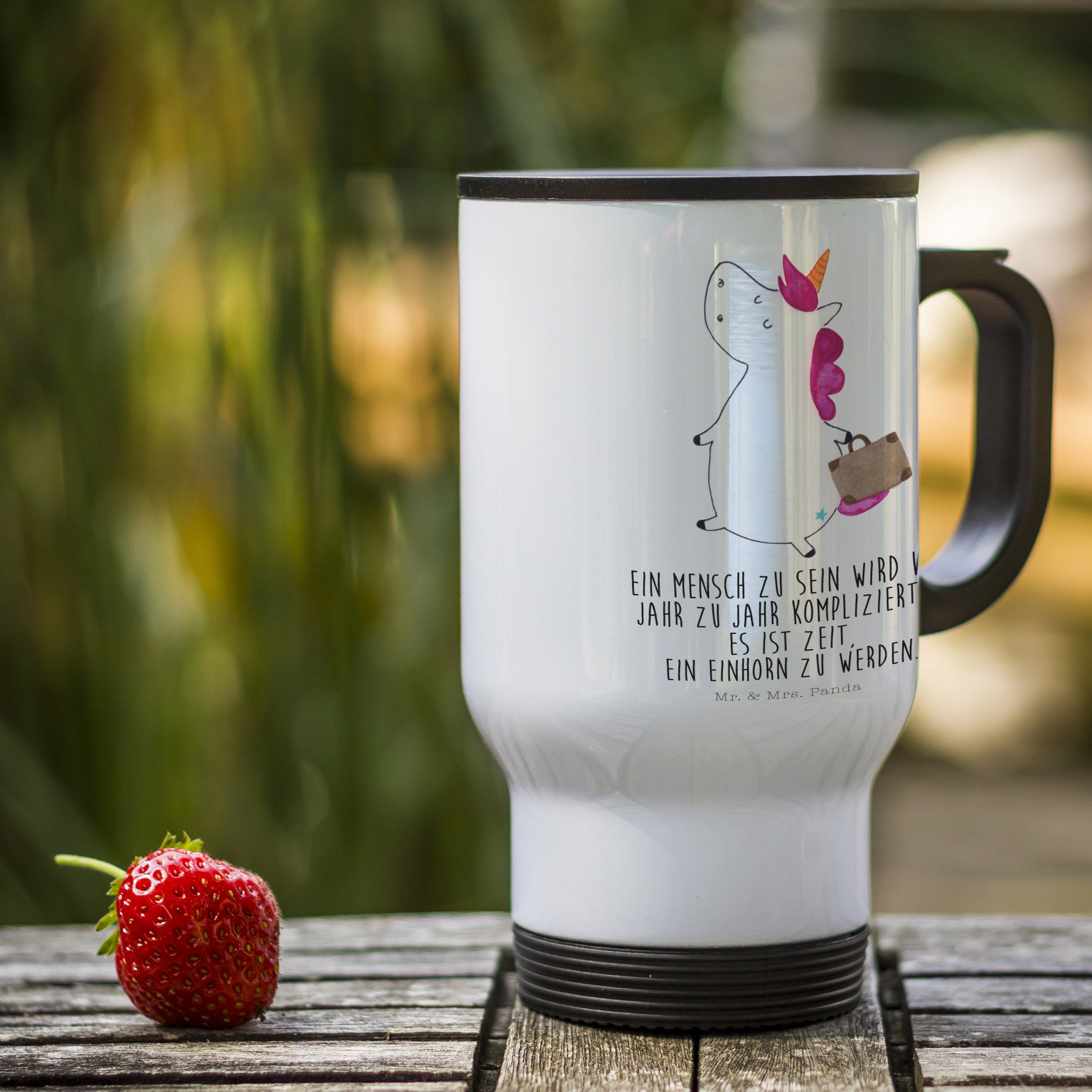 Mr. & Mrs. Panda Thermobecher Einhorn Koffer, Thermobecher To Go, Weiß, Abenteuer, Kaffeebecher Go, Edelstahl, Thermobecher Edelstahl doppelwandbecher Unicorn