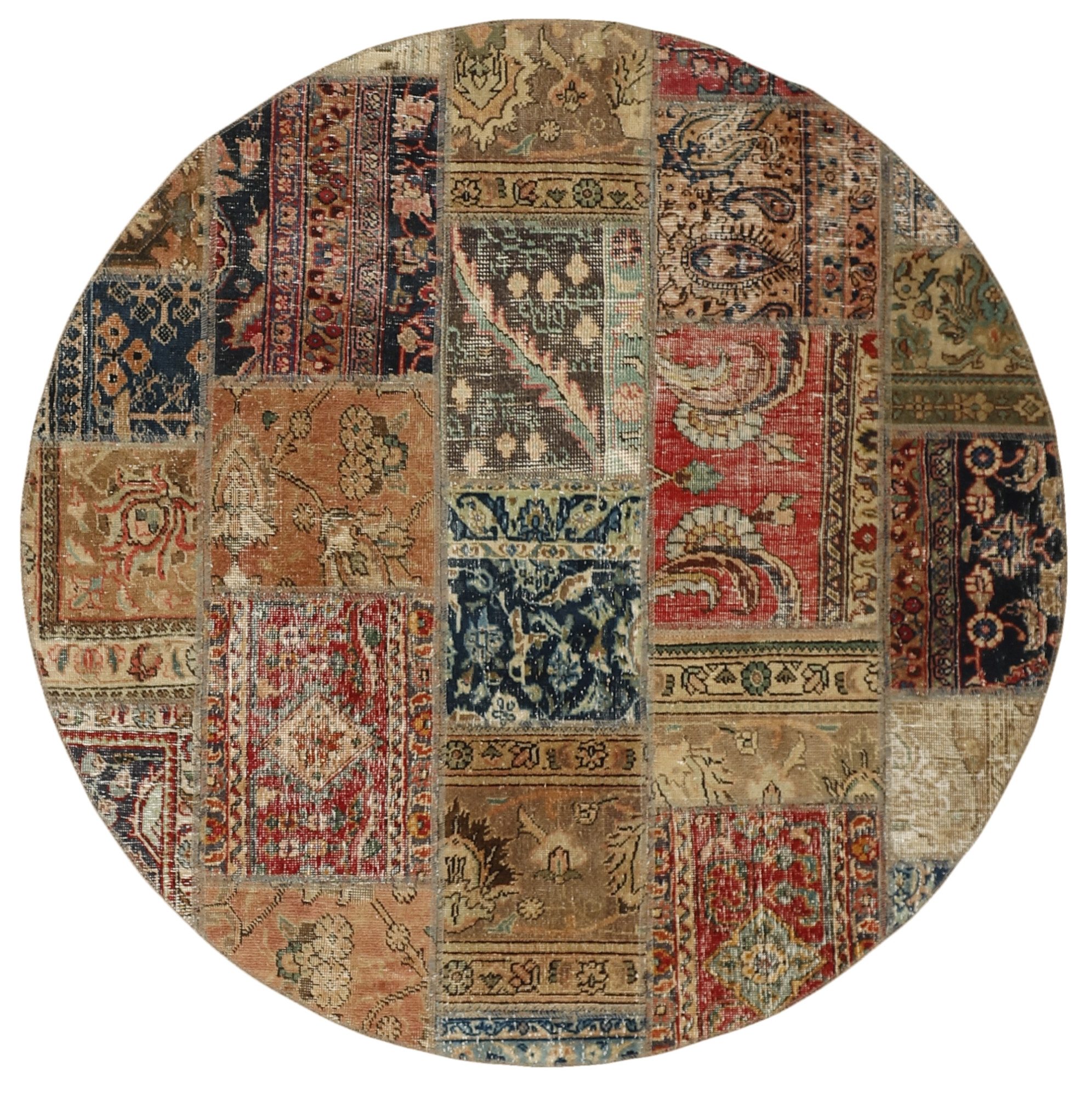 Wohnando Teppich MY-RUG Vintage Patch Work Floral & Ornamentiert 150x150cm, Rund, Höhe: 10 mm, Handgeknüpfter Teppich,Handgesponnene Wolle, mit Naturfarben gegärbt