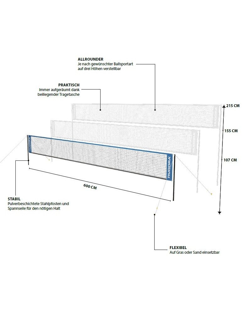 Hudora Multifunktionsnetz Netz Tennis/Badminton/Federball/Volleyball höhenverstellbar - Breite