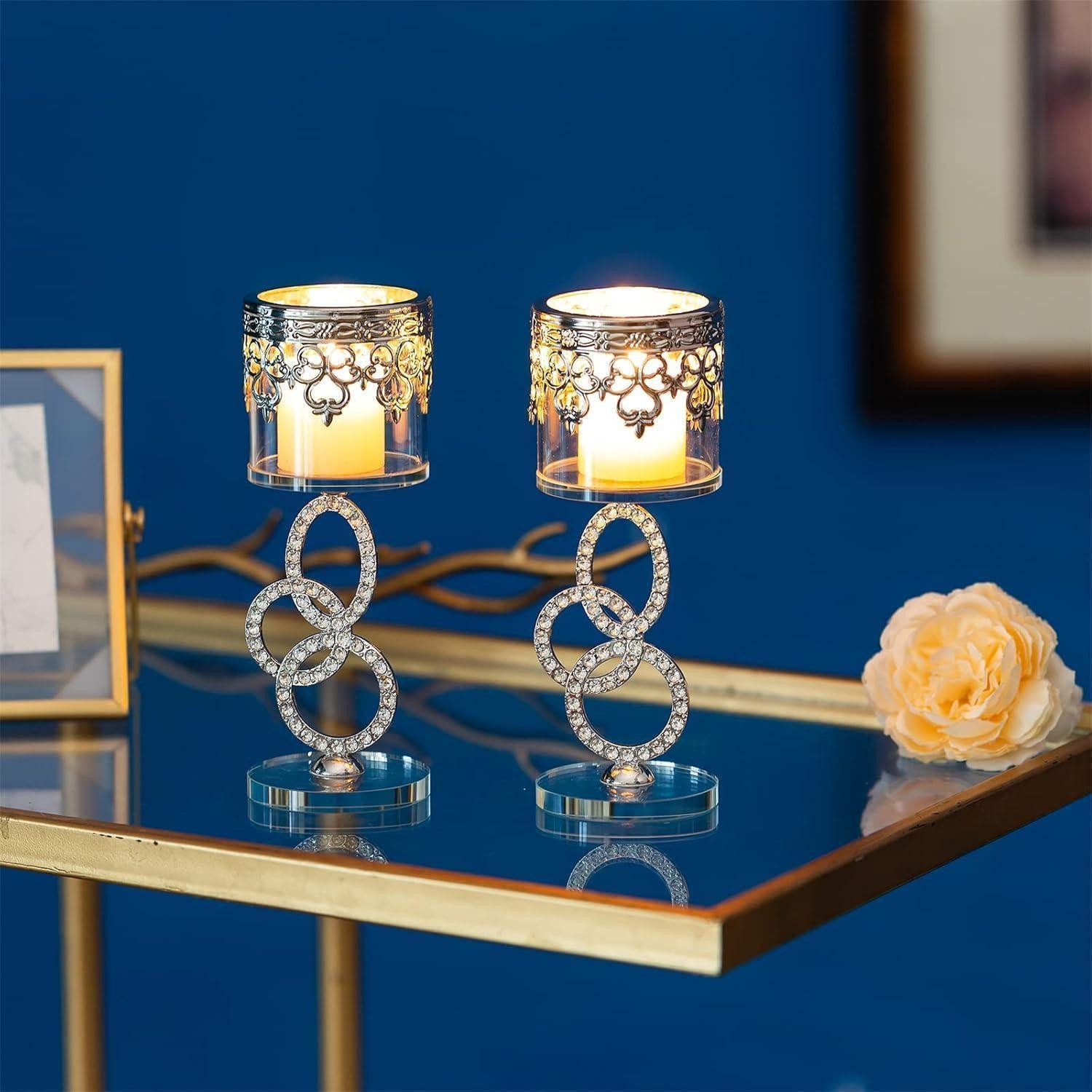 LuxusKollektion Teelichthalter Kristall Glas Teelichthalter, 2er Set Silber Stumpenkerzen Metall