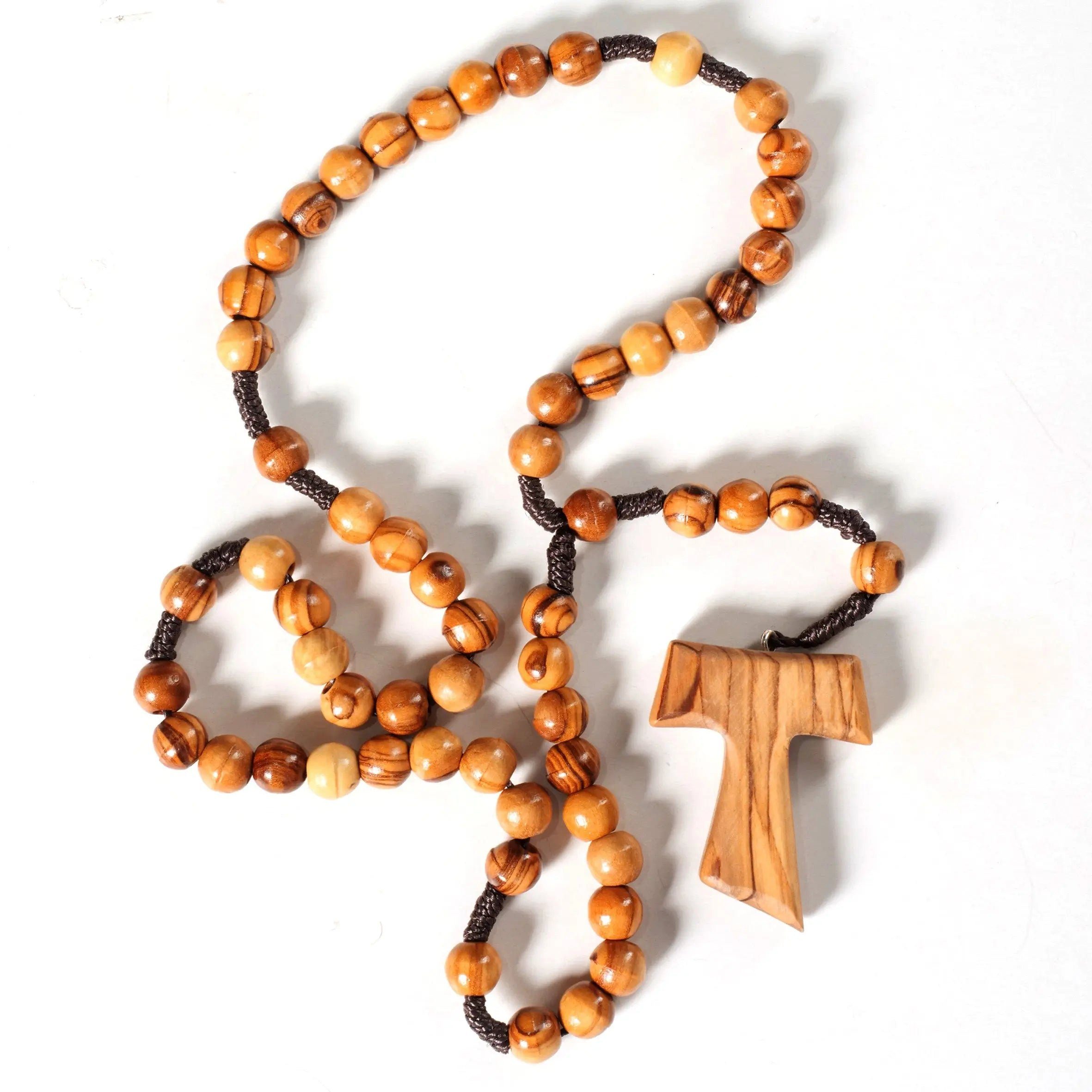 Kassis Dekoobjekt Rosenkranz mit Tau aus Olivenholz, mit runden Perlen, handgemacht, Holzdeko, umweltfreundlich, Naturprodukt, aus Bethlehem, Gebetskette