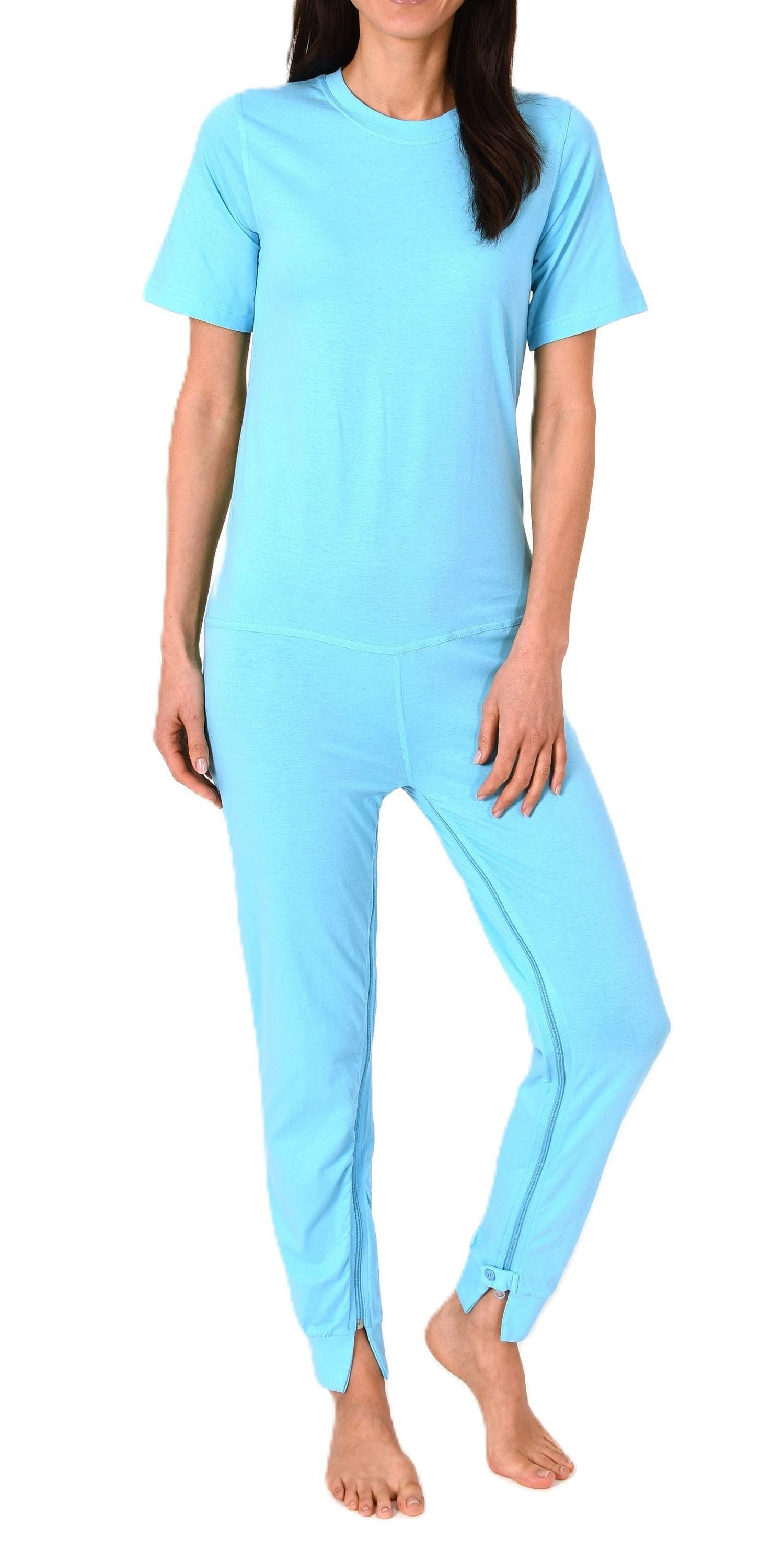 Normann Pyjama Damen kurzarm Pflegeoverall mit langen Bein und 2 Reissverschlüssen