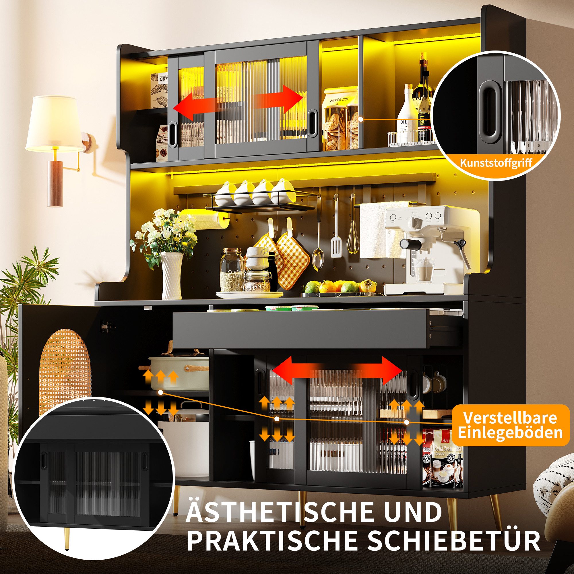 Odikalo Küchenbuffet Küchenschrank Buffetschrank mit LED (145x39x171cm, Landhausstil, 5 Türen, mit LED-Lichtleiste & Ordnungslockplatte, Fluted Glas Türen)