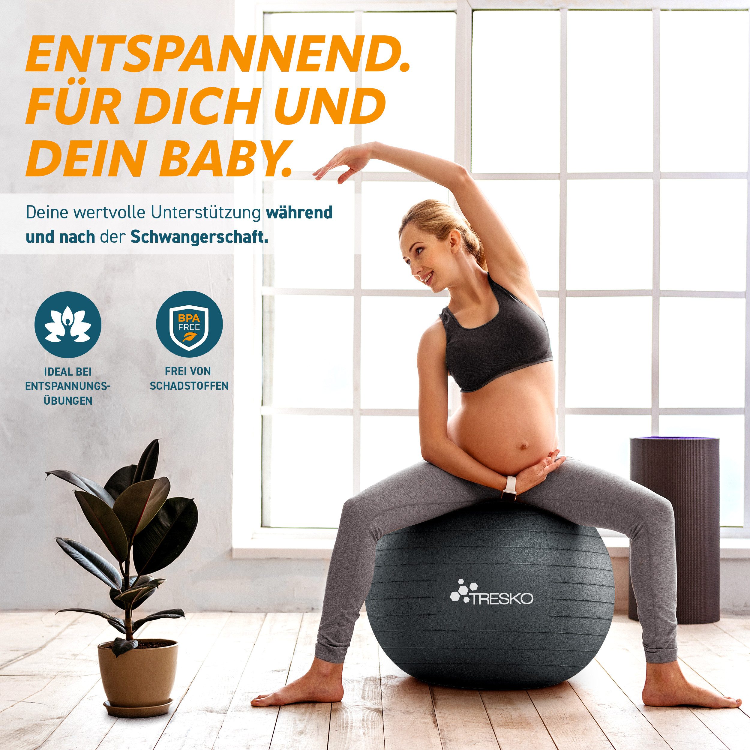TRESKO Gymnastikball mit GRATIS Übungsposter inkl. Luftpumpe Yogaball, BPA-Frei Sitzball Büro Anti-Burst inkl. Luftpumpe, Fitnessball