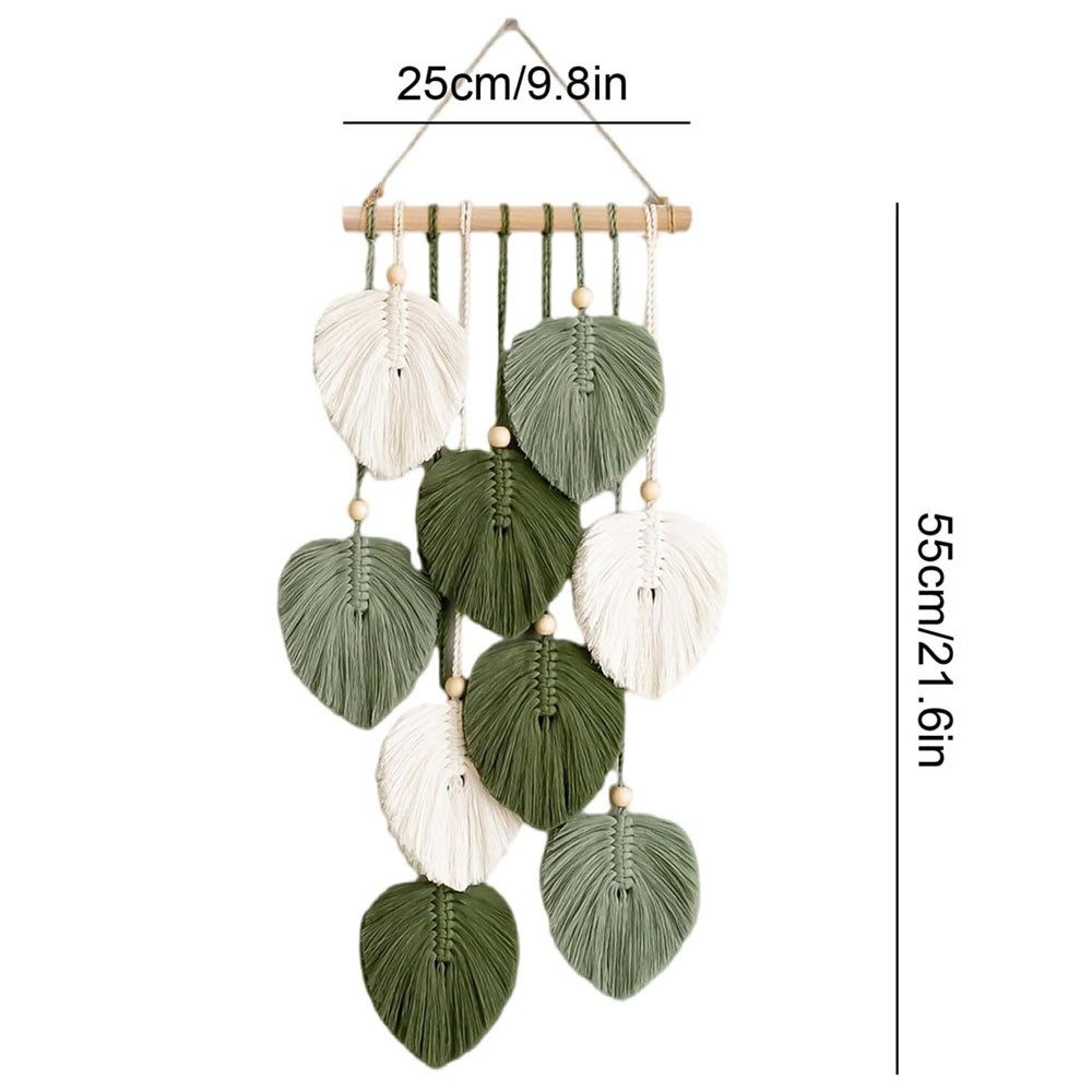 AFKSMILE Wandteppich Boho Deko Makramee Wandteppich mit Holzperlen und Grün Blätter, Wandbehang für Schlafzimmer Wohnzimmer Kinderzimmer Wanddeko
