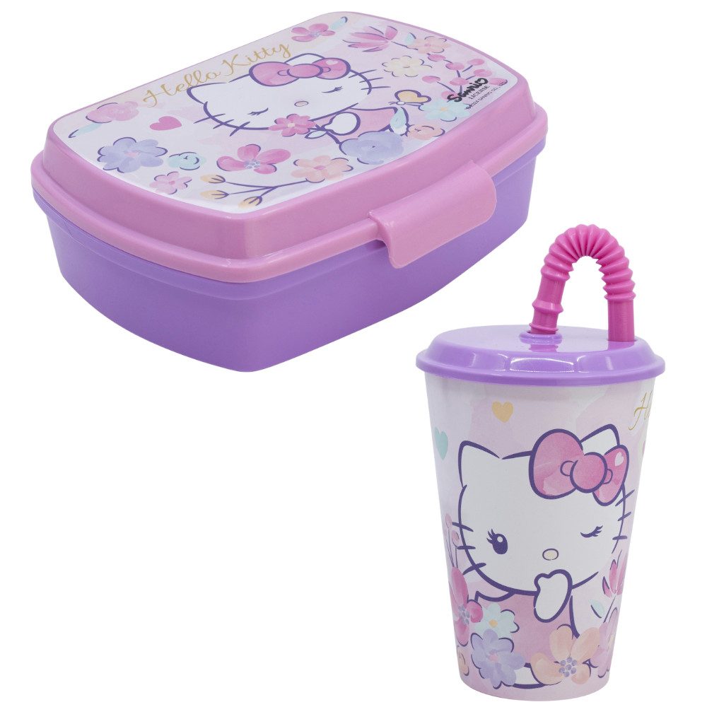 Hello Kitty Lunchbox Hello Kitty 2 tlg. Lunch Set Brotdose Trinkbecher, Kunststoff, (2-tlg), mit Deckel und Halm 430 ml