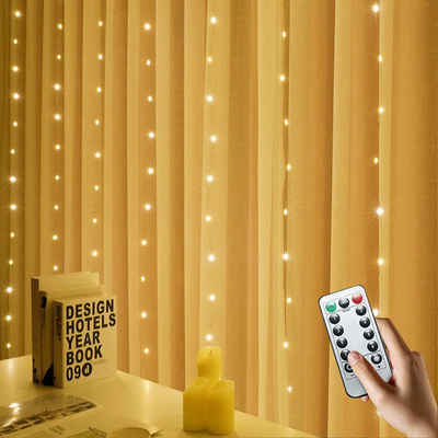 LANOR LED Dekolicht LED-Vorhangleuchte, 3x3m 300 Lichter (warmweiß), 8 Modi, Fernbedienung, LED-Kupferdraht-Vorhangbeleuchtung, Weihnachtsdekoration mit Haken