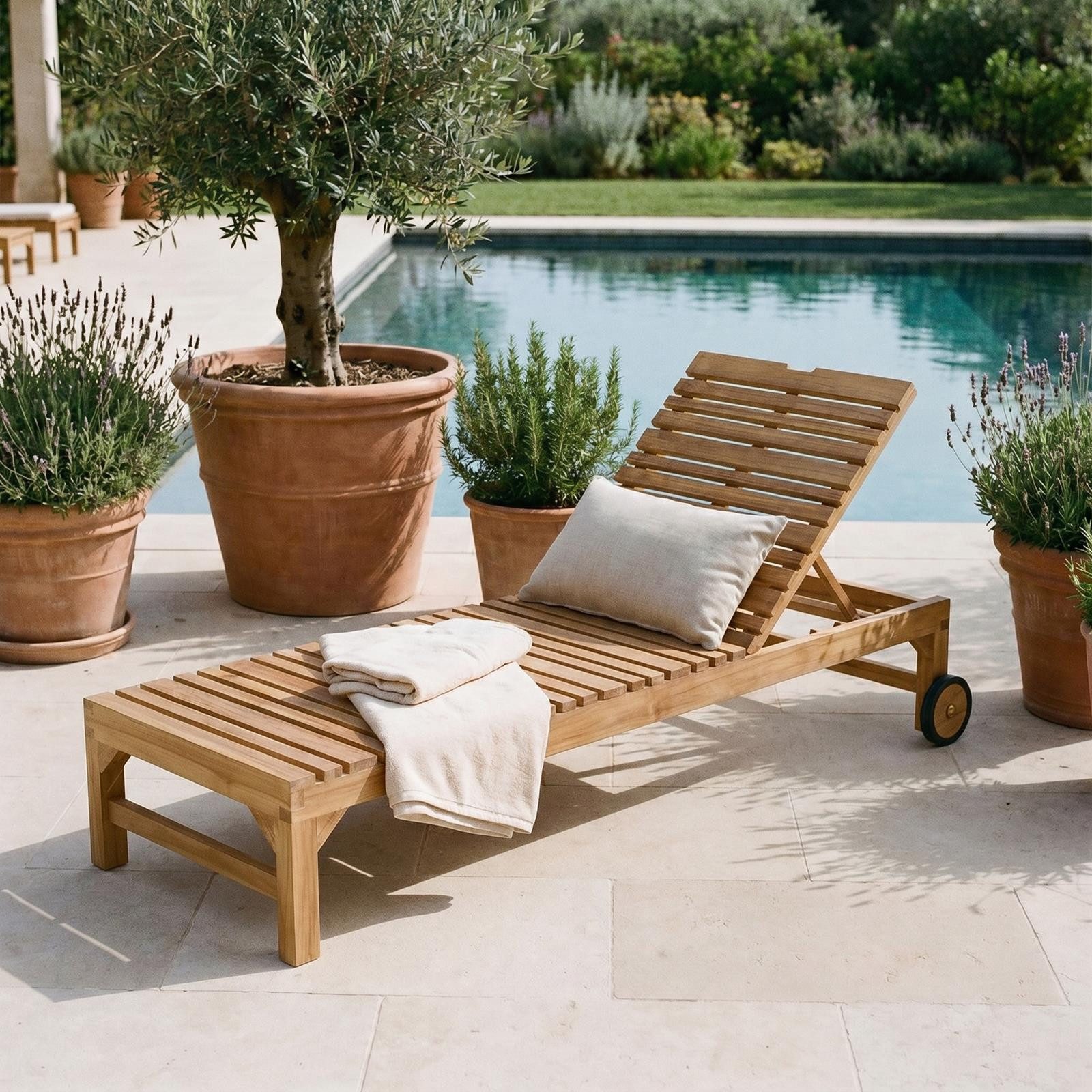CARO-Möbel Gartenliege GRANADA, Sonnenliege aus Teak massiv mit Rollen Liege Garten aus Teakholz auf R