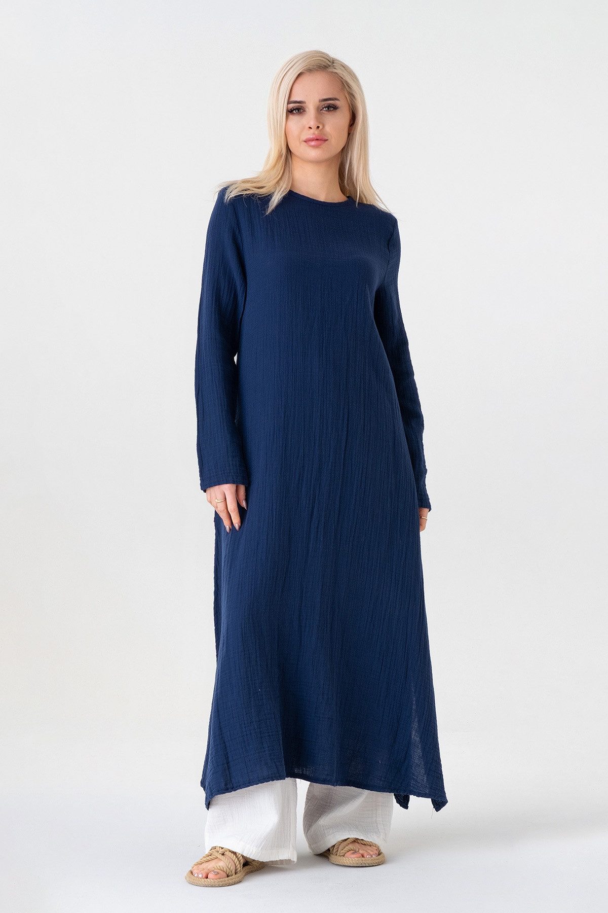 WENOR Longtunika Damen Musselin Longbluse Langarm mit Seitenschlitzen Modest Fashion extra langer Schnitt für bedeckte Looks