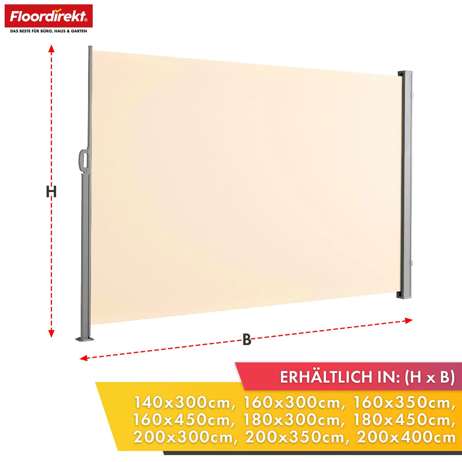 Floordirekt Seitenmarkise aus Aluminium Sichtschutz & Sonnenschutz für Balkon, Terrasse & Garten (140x300 cm) UV-beständig, hohe Stabilität, witterungsbeständig, Bodenbefestigung