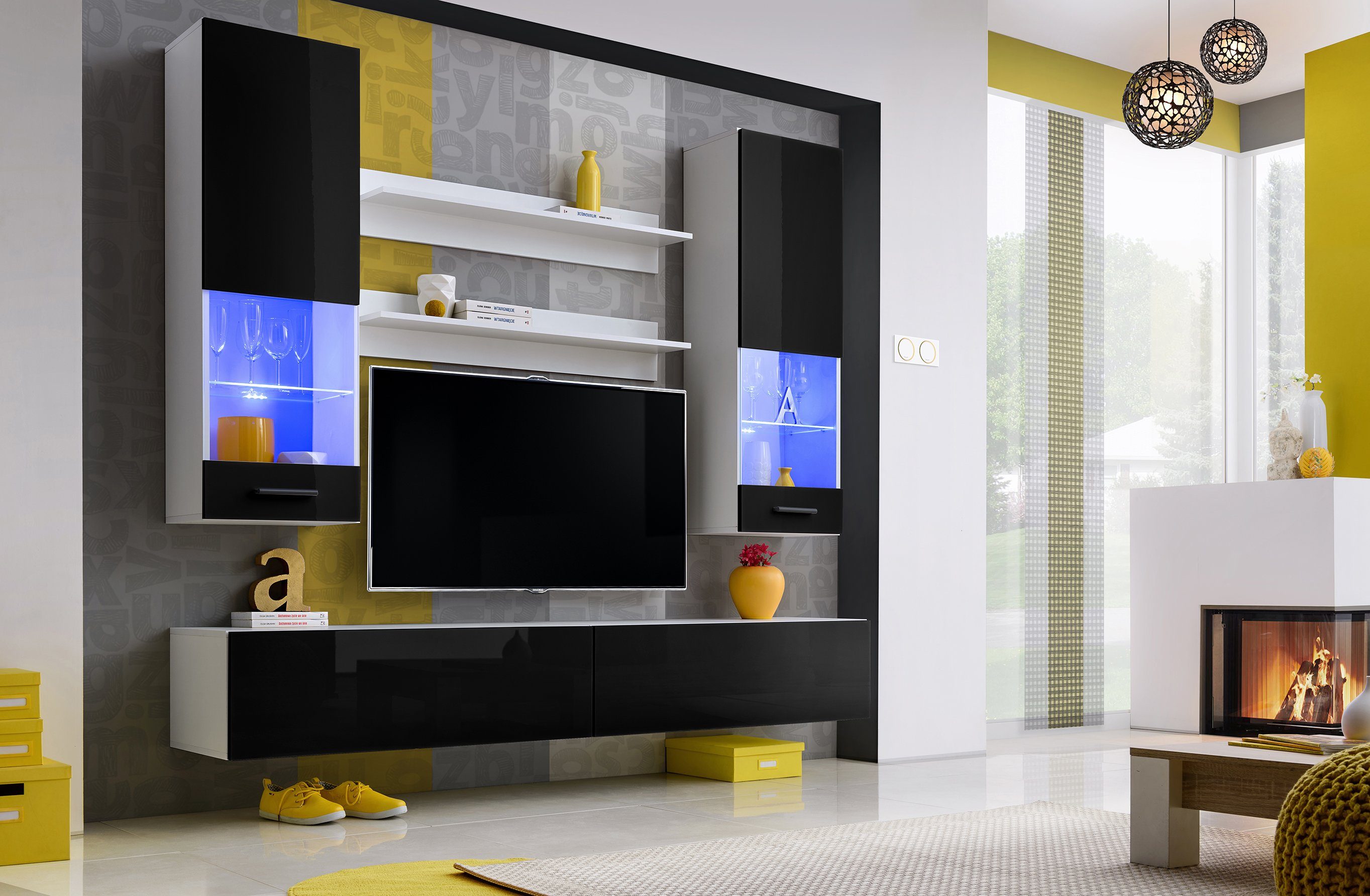 Stylefy Wohnwand Eaton I, (Wohnmöbel, Wohnzimmer-Set, Set (6-St), bestehend aus 2xHängevitrine, 2xLowboard, 2xWandregal, wahlweise mit LED-Beleuchtung, mit Glaseinsatz, variabel hängbar, Modern Design Weiß - Schwarz Hochglanz