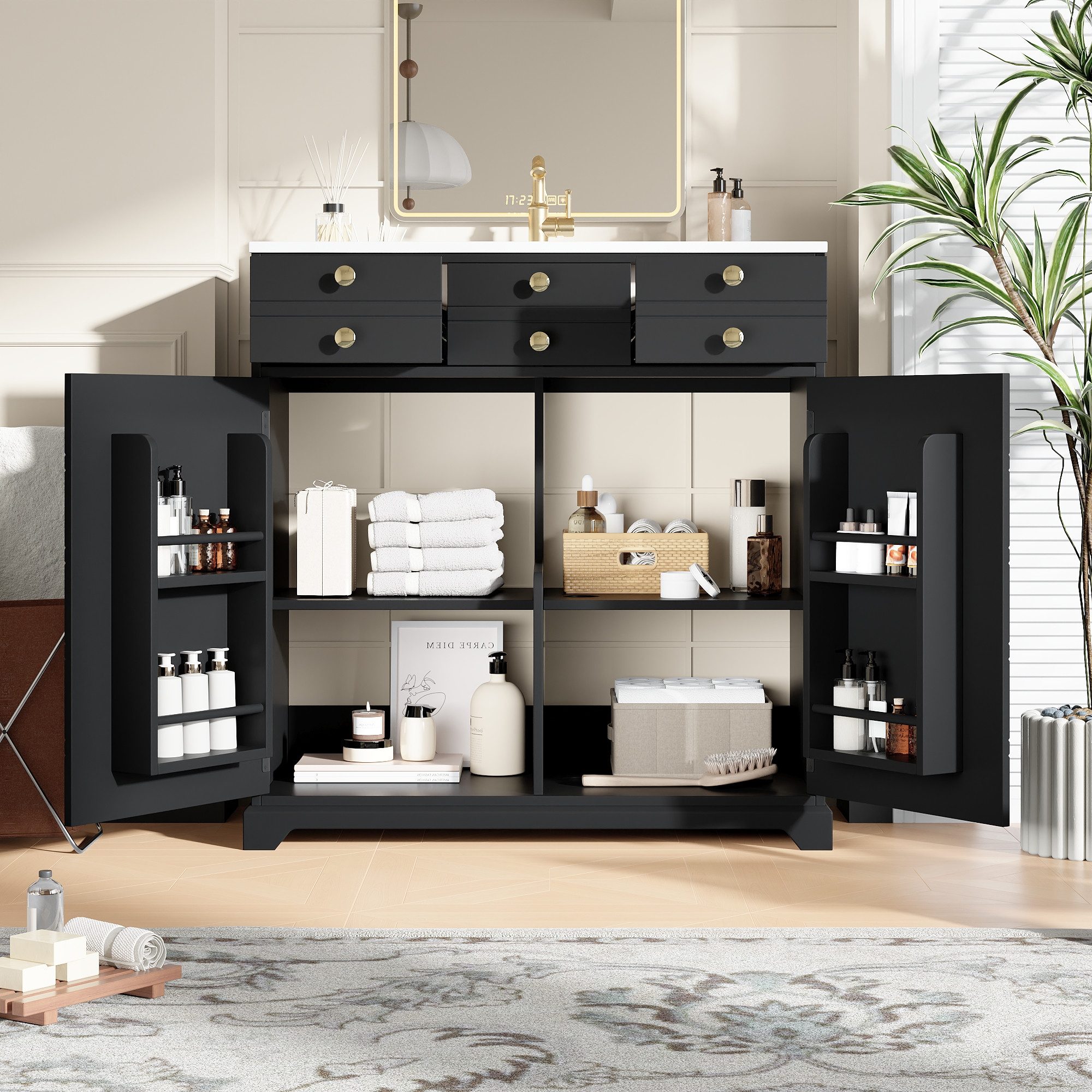 Flieks Waschtisch mit 2 Schubladen, Türablagen und verstellbarer Einlegeböden (B91,6/T47/H86,5 cm, 1-St., bodenstehend, Badzimmerschrank & Keramikbecken), Waschbeckenunterschrank inkl. Waschbecken Badmöbel-Set Schwarz