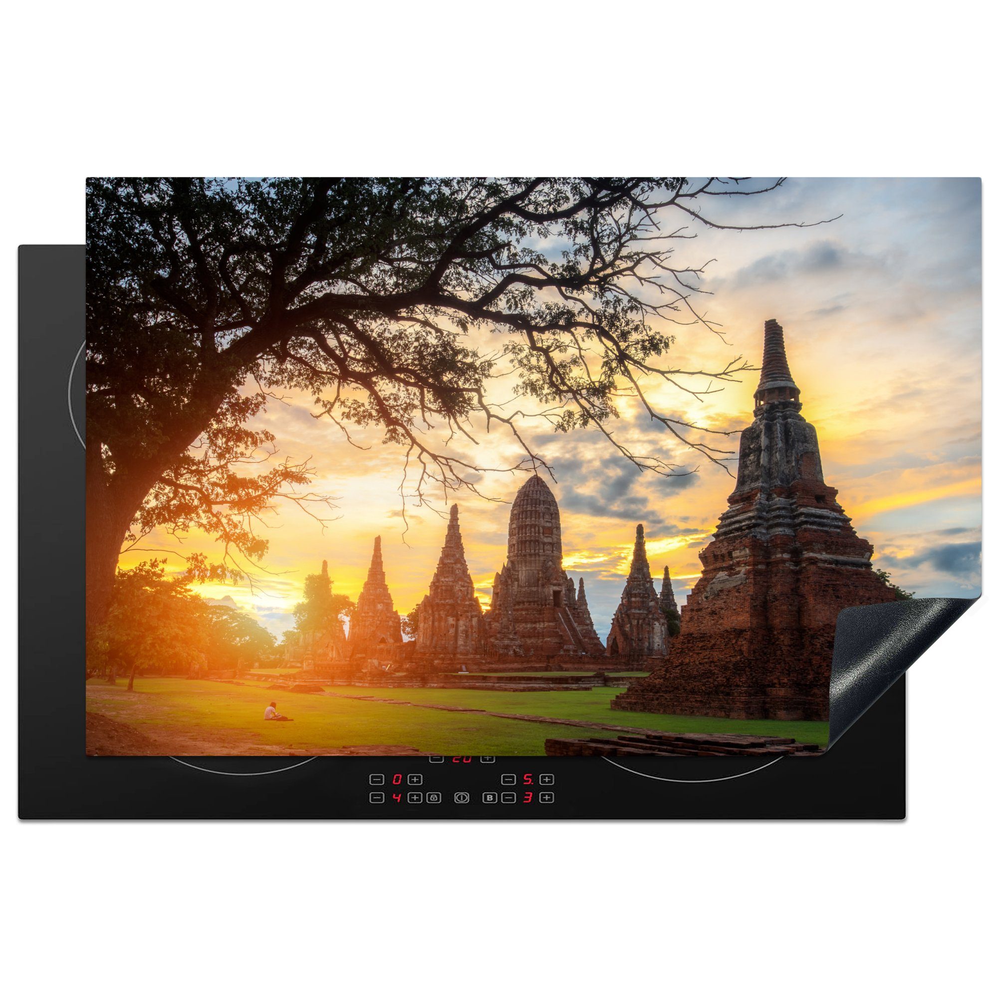 MuchoWow Herdblende-/Abdeckplatte Die Sonne scheint zwischen den Tempeln in Ayutthaya, Vinyl, (1 tlg), 81x52 cm, Induktionskochfeld Schutz für die küche, Ceranfeldabdeckung