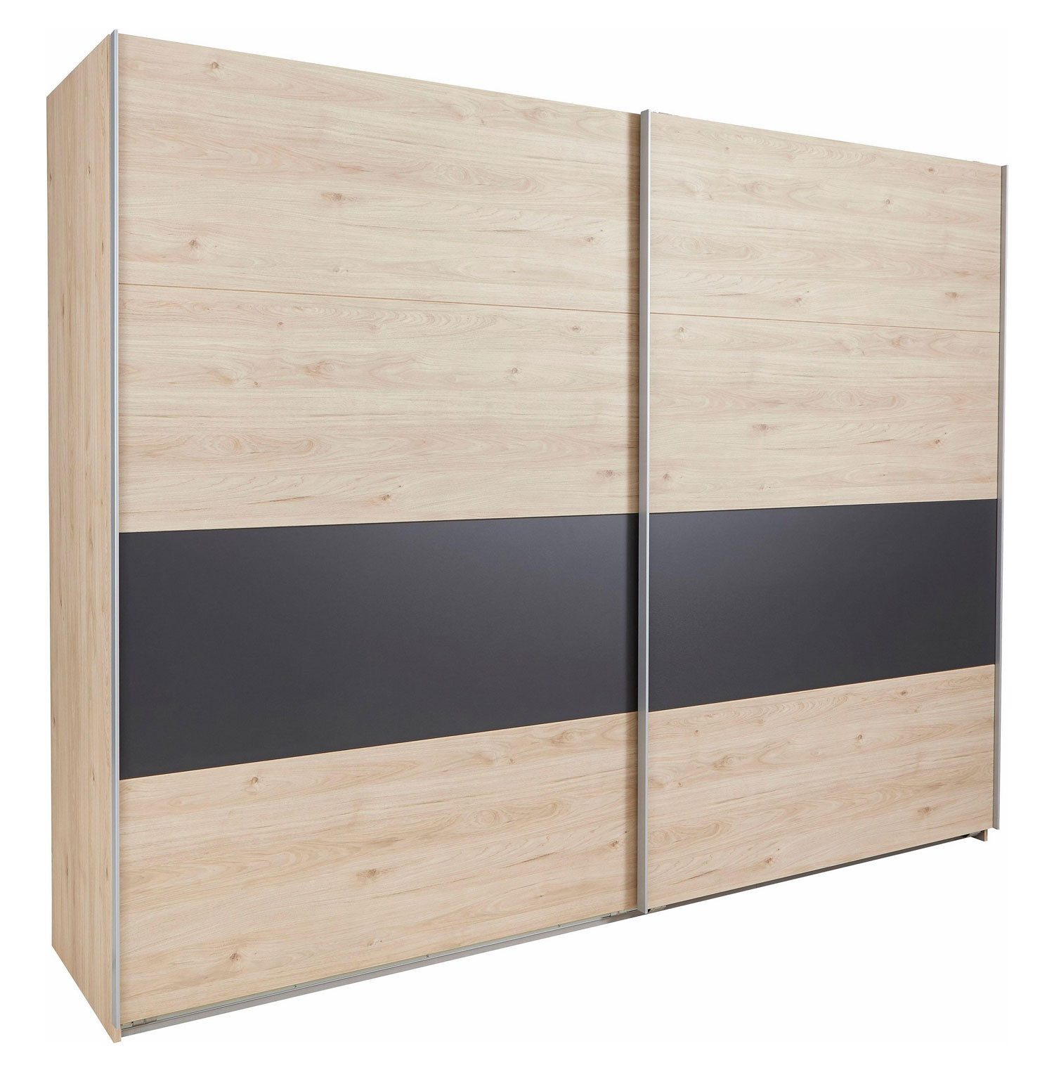 Wimex Schwebetürenschrank Angie (mit Schiebetüren, Kleiderstangen und Einlegeböden, 1-St., moderne Optik, alufarbene Griffleiste aus Metall) 225x65x210cm hickory oak graphit