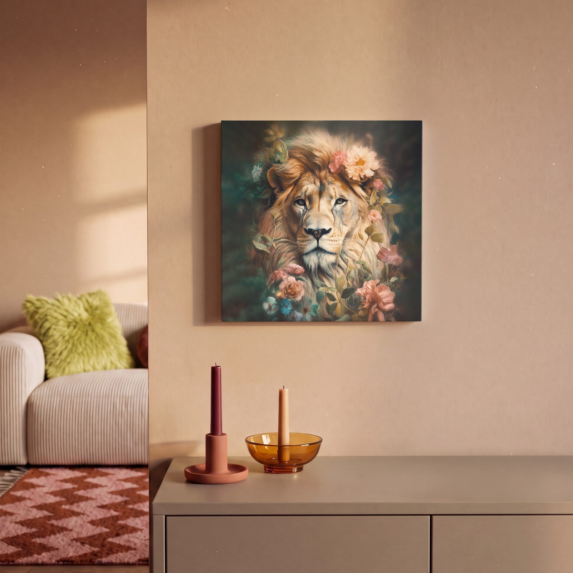 OneMillionCanvasses® Leinwandbild Löwe - Löwenkopf - Wilde Tiere - Blumen, Fotodruck (1 St), Leinwand Bilder Klein, Wand Dekoration Aesthetic 30x20 cm – Bild 2 von 5
