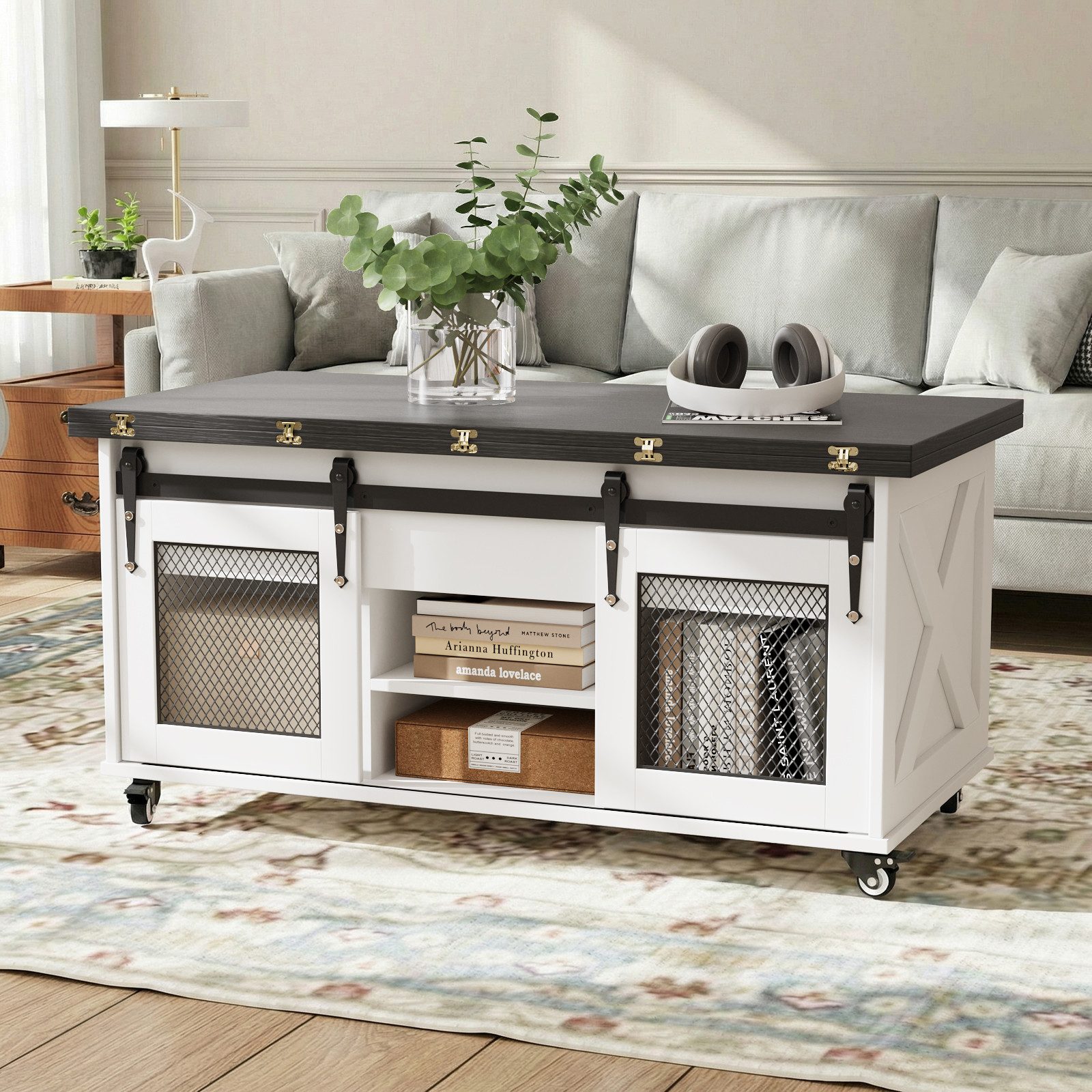 VOWNER Couchtisch 3-in-1 Wohnzimmertisch mit Rollen & Versteckaufbewahrung (1-St), Höhenverstellbarer Esstisch, Bauernhausstil – Bild 4 von 5