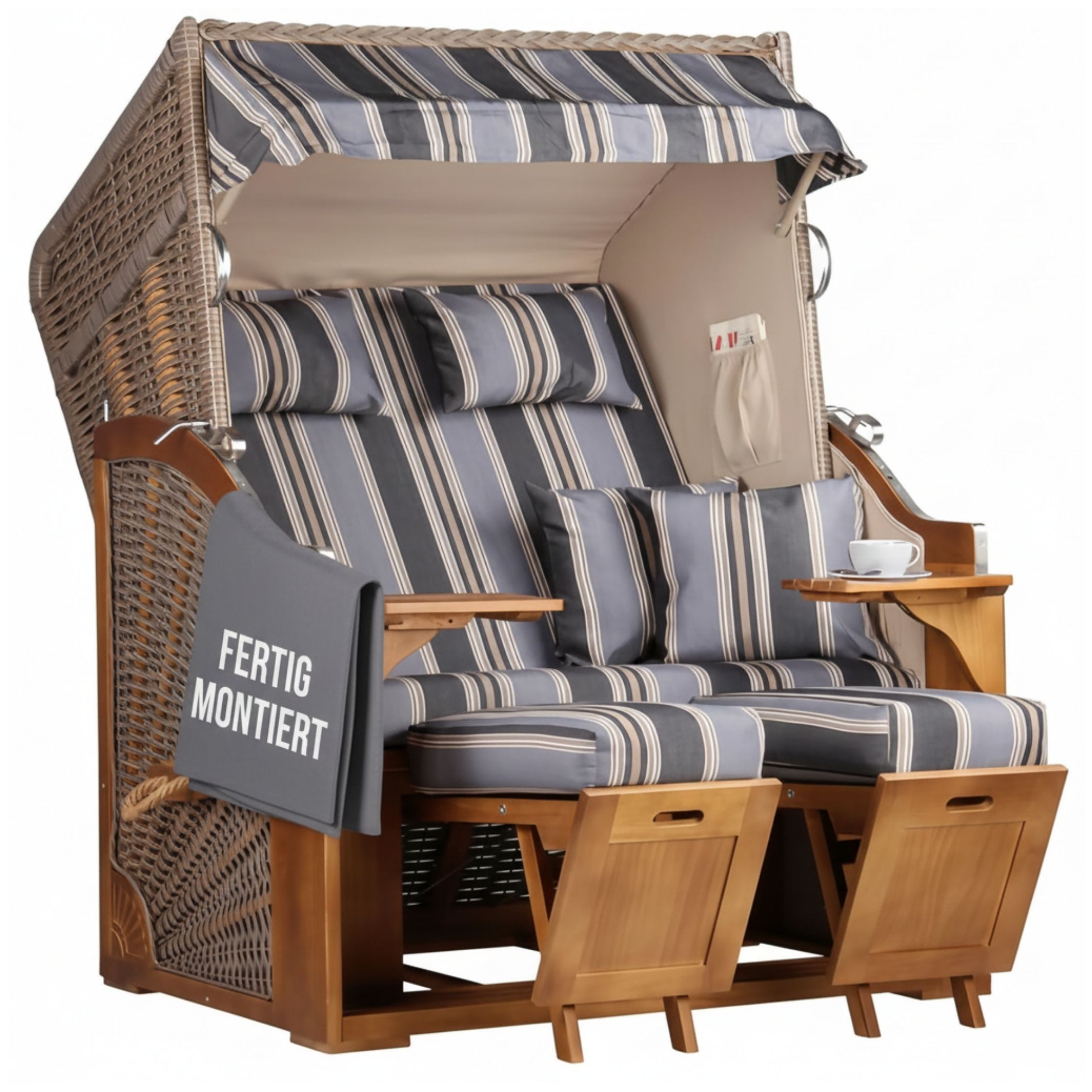 MR.DEKO Strandkorb 2-Sitzer Schleswig Pinie Braun PE Mokka, aufgebaut geliefert, BxTxH: 120x80x160 cm, 2-Sitzer, Schleswig, (Zweisitzer Strandkorb mit Bistrotischen & Fußstützen), Bereits montiert, UV-beständig, Volllieger & Edelstahl-Beschläge