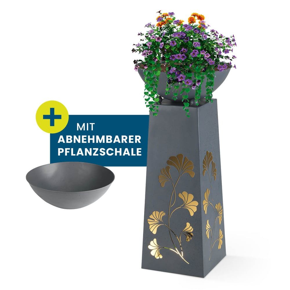 Hoberg Dekosäule LED Pflanzsäule Ginkgoblätter-Design in Beton-Optik, In- und Outdoor geeignet, Integrierte Beleuchtung, 6h Timer, kabellos