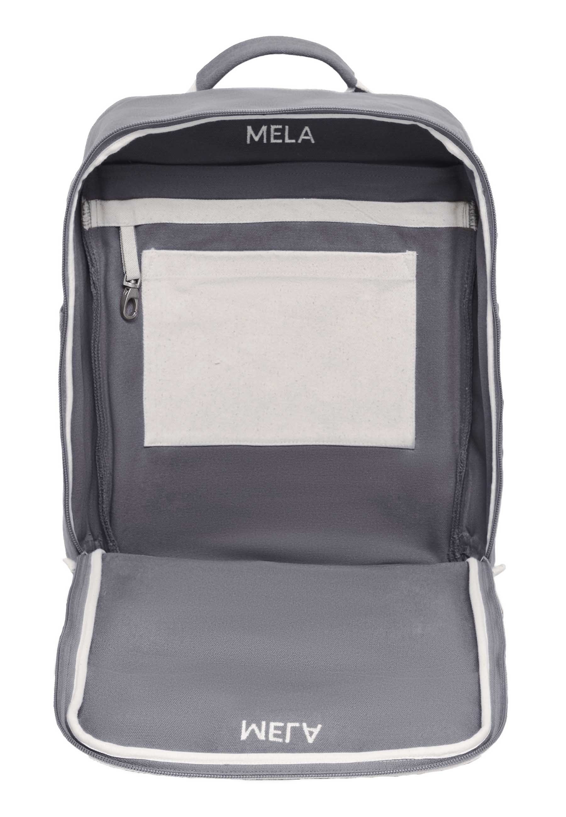 MELA Rucksack Rucksack bis grau komplett & MELA Boden öffnen Packen) sich II, vereinfacht das Reißverschluss zum lässt (Vorderseite