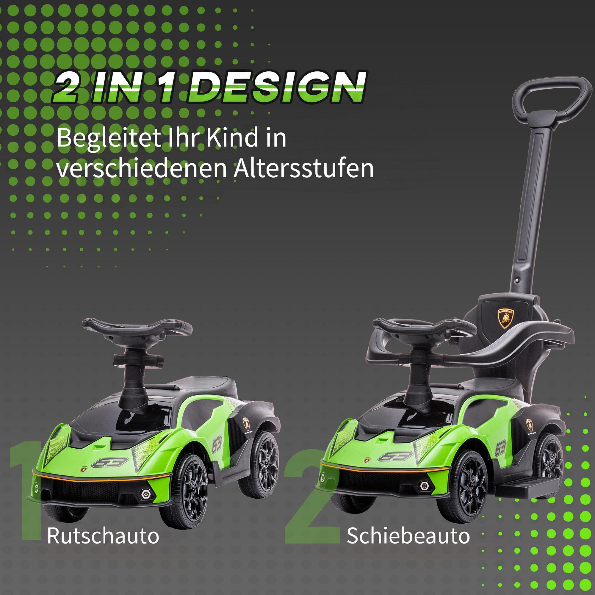 AIYAPLAY Rutscher Rutschauto mit Schiebstange Lenkrad Hupe Fußstütze Sitzstauraum, (Set, 1-tlg., 2-in-1), für Kinder 1-3 Jahre Grün – Bild 5 von 5