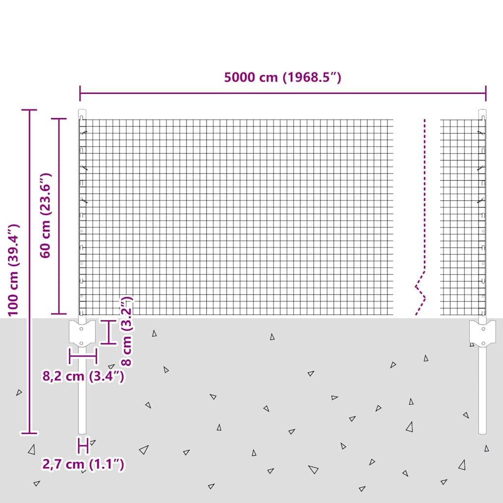 vidaXL Gartenzaun Geschweißter Drahtzaun mit Pfosten 50 x 0,6 m Grau Netz, (1-St)