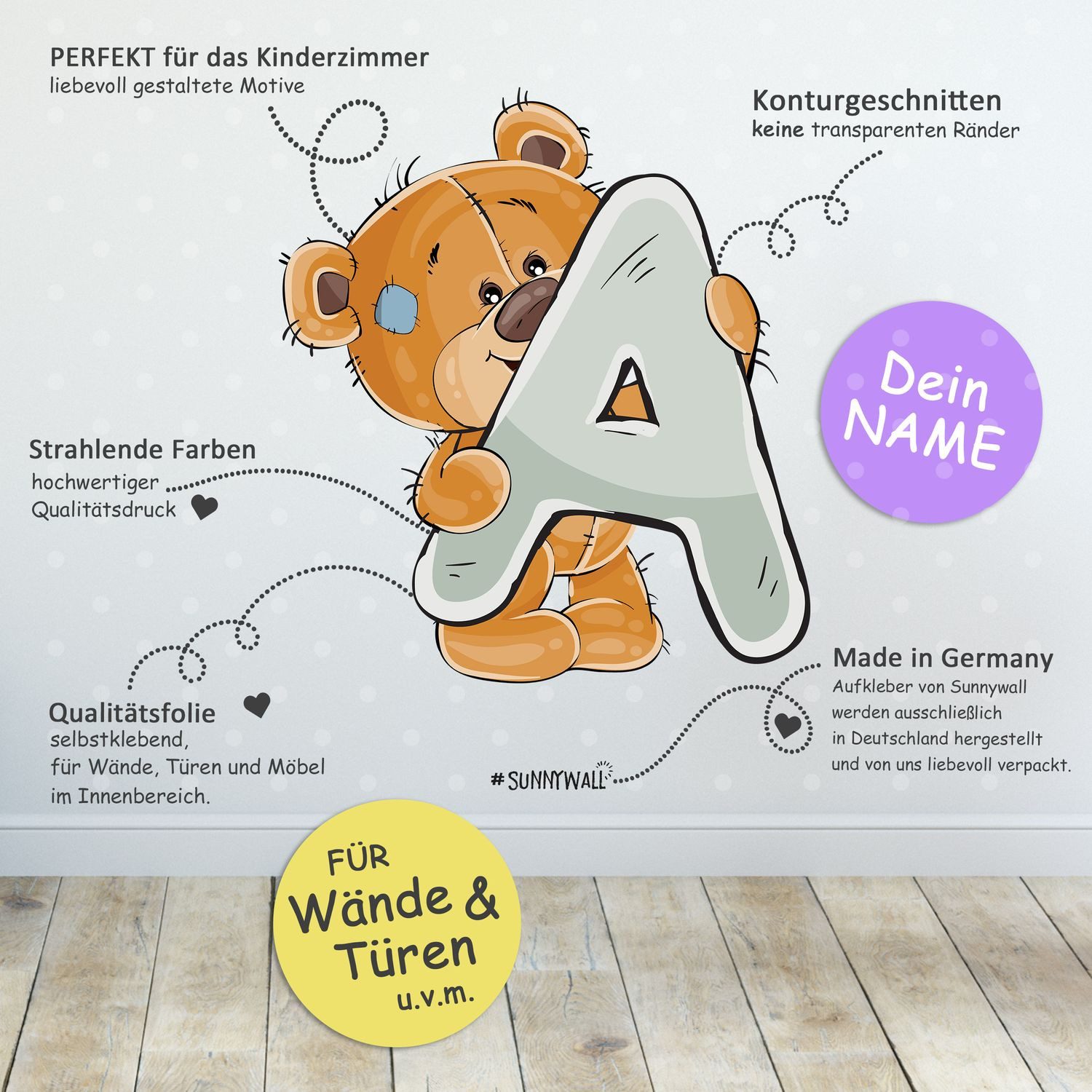 Sunnywall Wandtattoo Buchstaben ABC Bärchen Aufkleber für Wand & Tür (Buchstaben einzeln oder kombinierbar), selbstklebend, konturgeschnitten – Bild 4 von 5