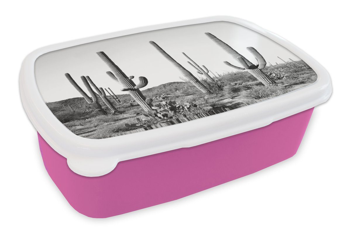 MuchoWow Lunchbox Kakteen - Schwarz und weiß - Natur - Landschaft, Kunststoff, (2-tlg), Brotbox für Erwachsene, Brotdose Kinder, Snackbox, Mädchen, Kunststoff rosa