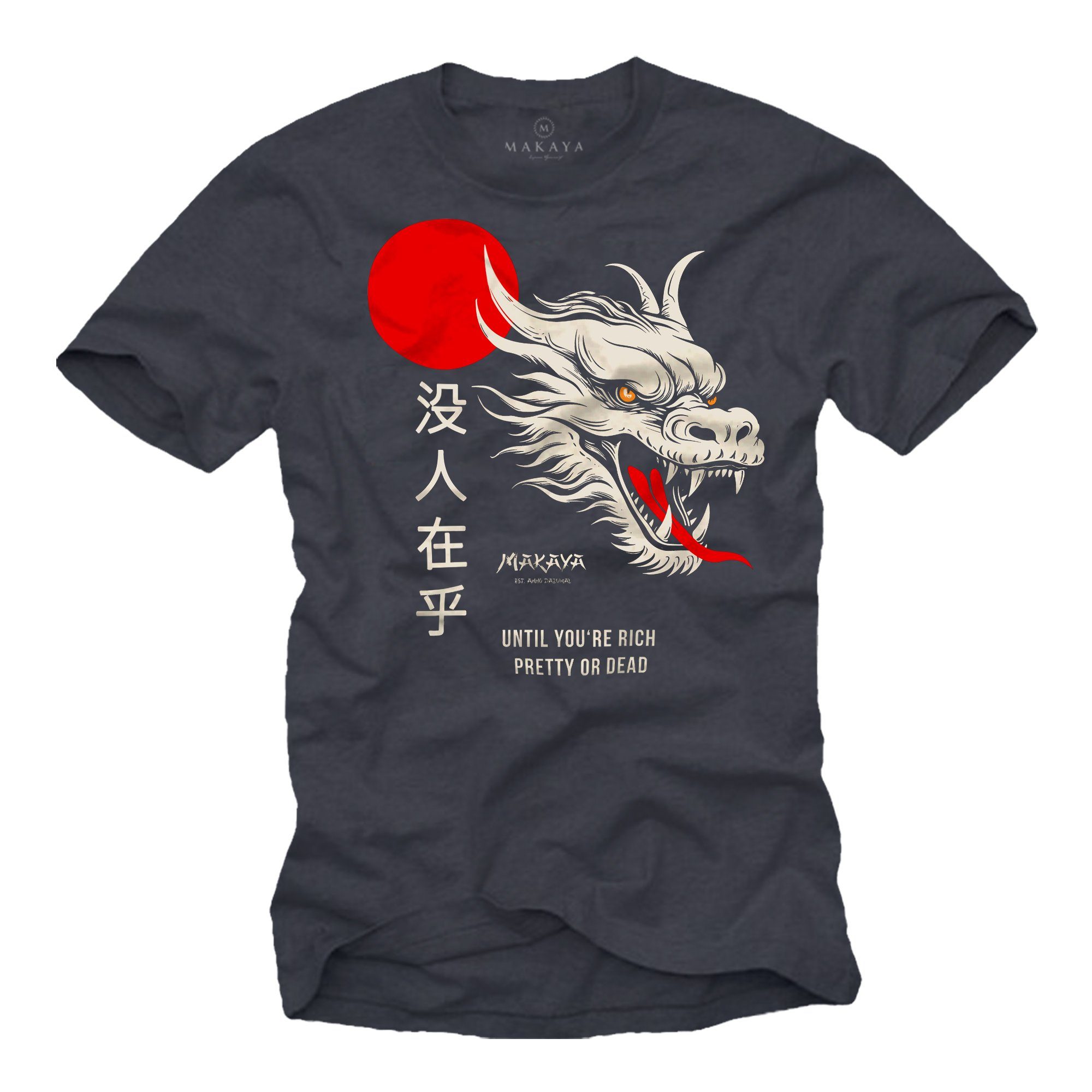 MAKAYA Print-Shirt mit Chinesischen Drachen Spruch Nobody Cares Dragon Schriftzeichen Coole Geschenke Blaugrau