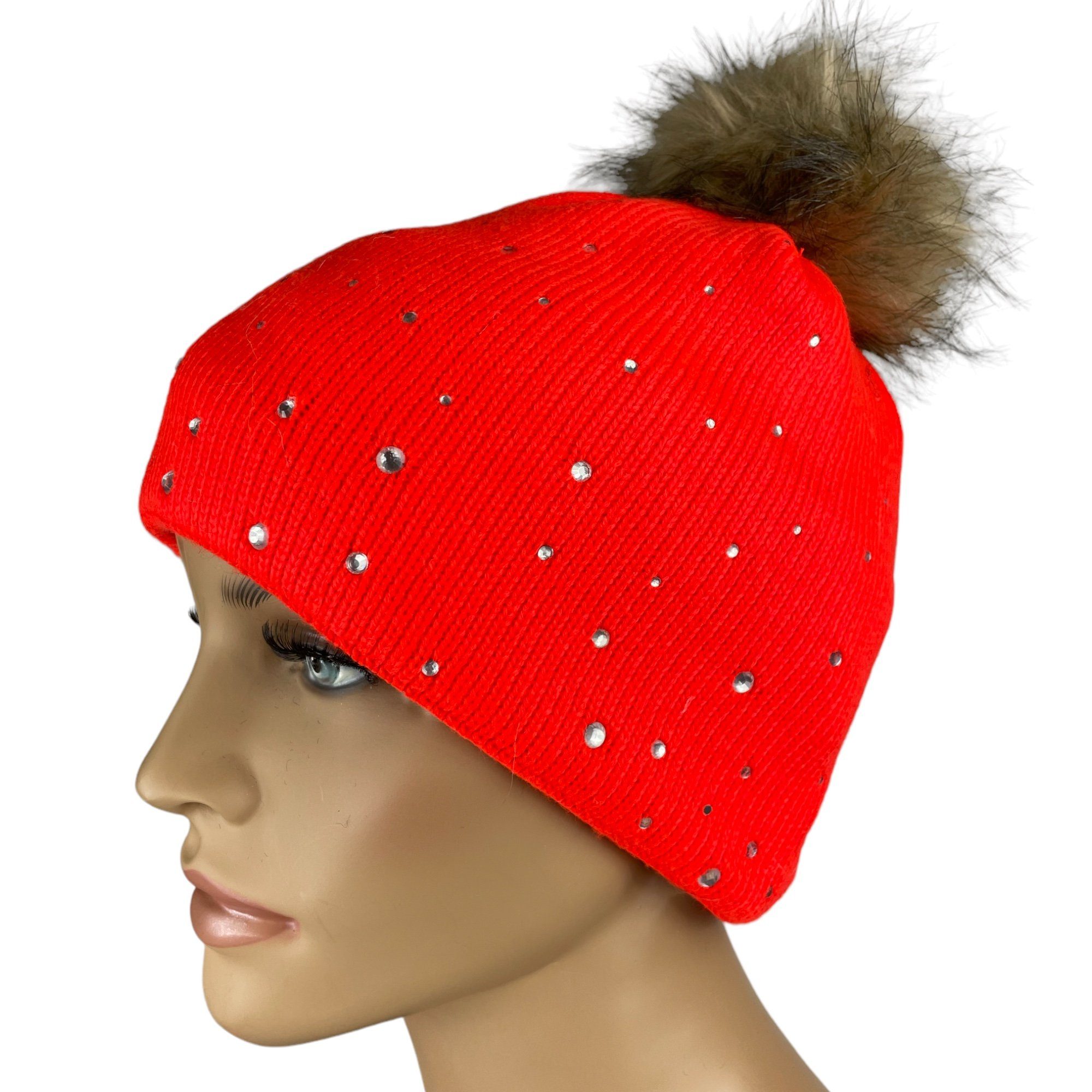 Taschen4life Bommelmütze Damen Mütze Solbi K647 mit großem Bommel und Glitzer Glatt-Strick Beanie, auch für Kinder