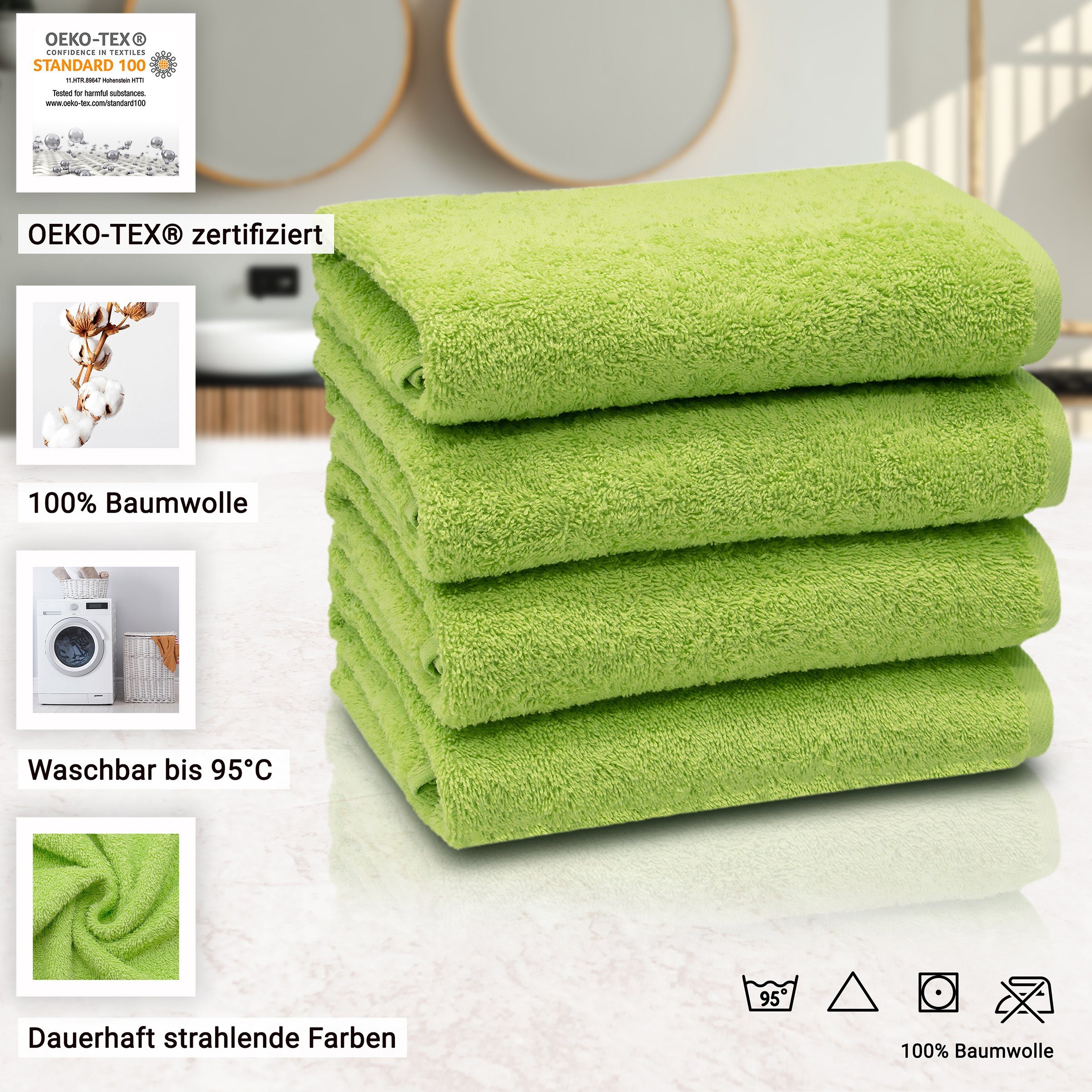 x ZOLLNER 100% (4-St), Handtücher, alle bis 50 Walkfrottier Baumwolle, apfelgrün 100 waschbar Farben cm, 95°C