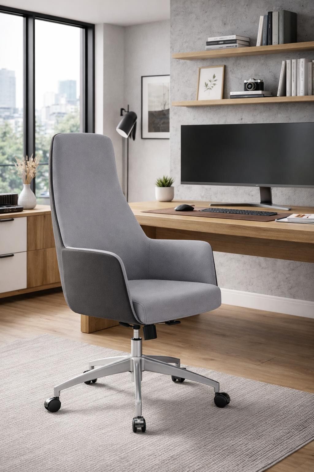Xlmoebel Chefsessel Eleganter grauer Chefsessel mit hoher Rückenlehne und Armlehnen, Made in Europa