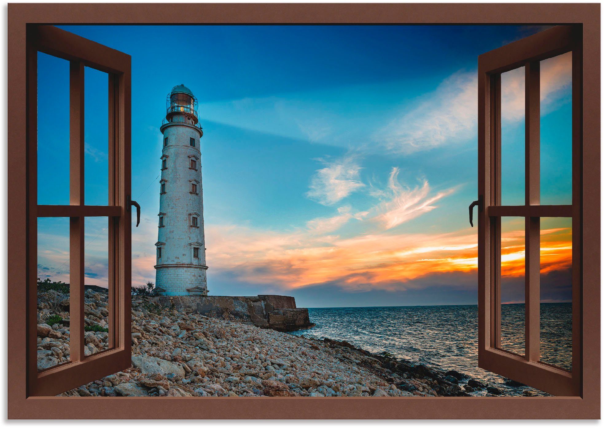Artland Alu-Dibond-Druck Fensterblick Leuchtturm, Fensterblick (1 St), für Innen- und Außenbereich geeignet, Outdoorbild
