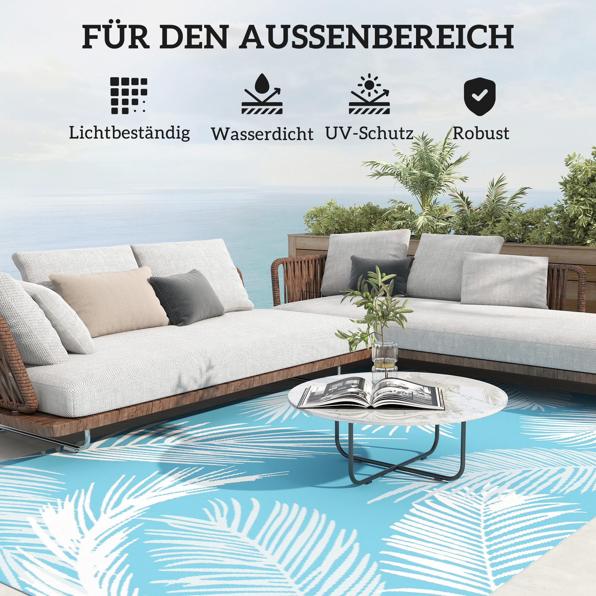 Outsunny Outdoorteppich Outdoor Teppich wendbarer robuster Wetterfest Carpet, rechteckig, Höhe: 0.3 mm, für Balkon Garten Terrasse Bad Flur Küche 274 x 182 cm H – Bild 5 von 5