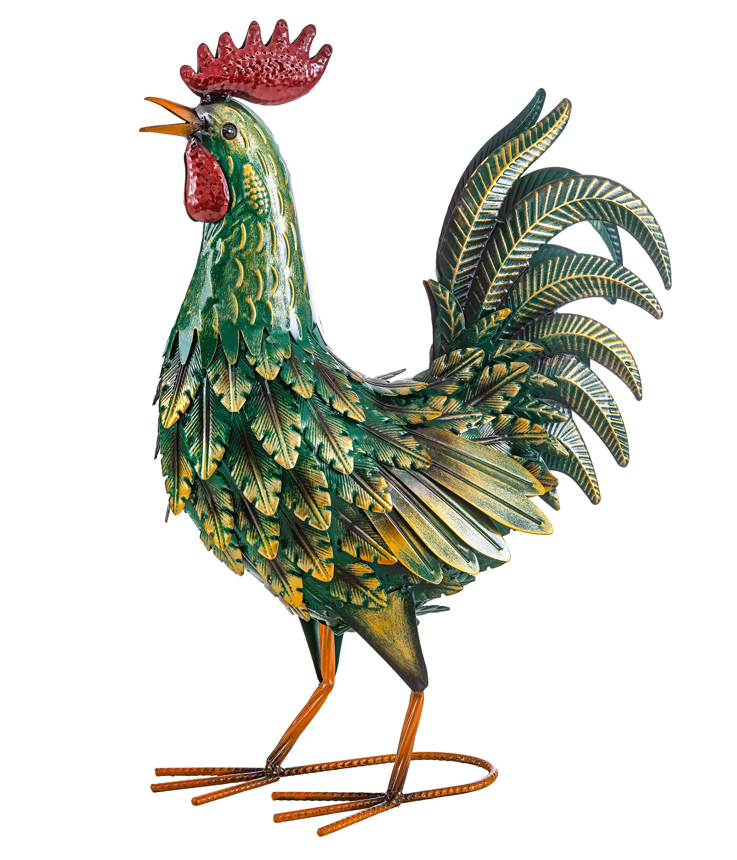 Dehner Gartenfigur Dekofigur Hahn / Huhn, handgefertigt, Eisen, grün / gelb, kunstvolle detaillierte Garten-Dekoration, frostbeständig