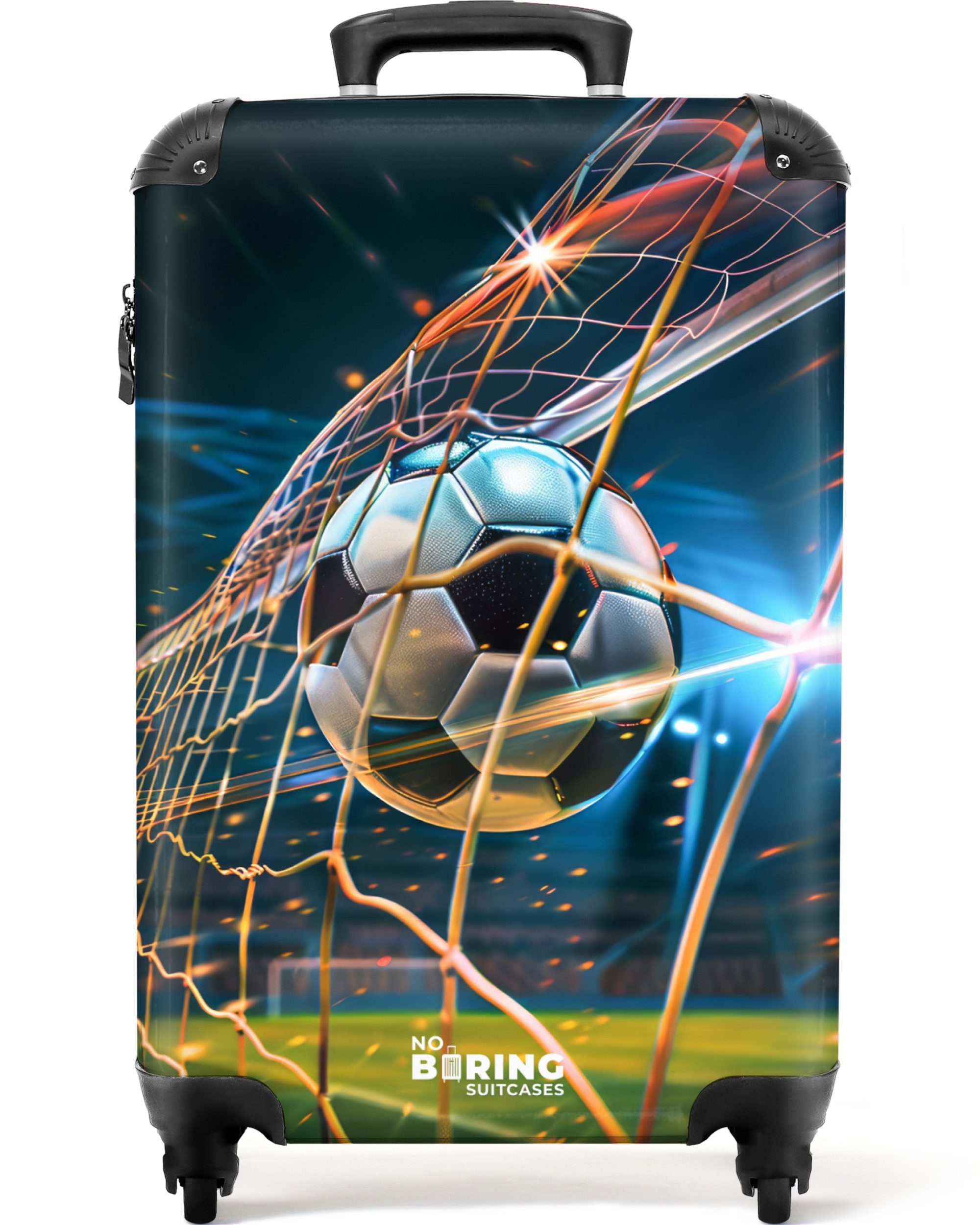 NoBoringSuitcases.com© Kinderkoffer Schwarzer und weißer Fußball trifft das Netz in einem Stadion 55x35x20, Kinder Koffer Klein, Trolley Handgepäck, Reisekoffer