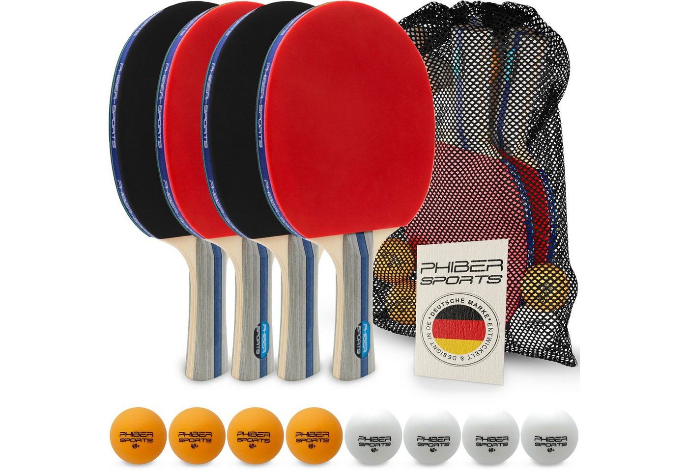 PHIBER-SPORTS Tischtennisschläger 4 Schläger + 8 Tischtennisbälle + Tasche - Anfänger, Familien, Profis (Set, 13-tlg), Tischtennis