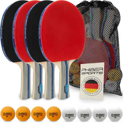 PHIBER-SPORTS Tischtennisschläger 4 Schläger + 8 Tischtennisbälle + Tasche - Anfänger, Familien, Profis (Set, 13-tlg), Tischtennis