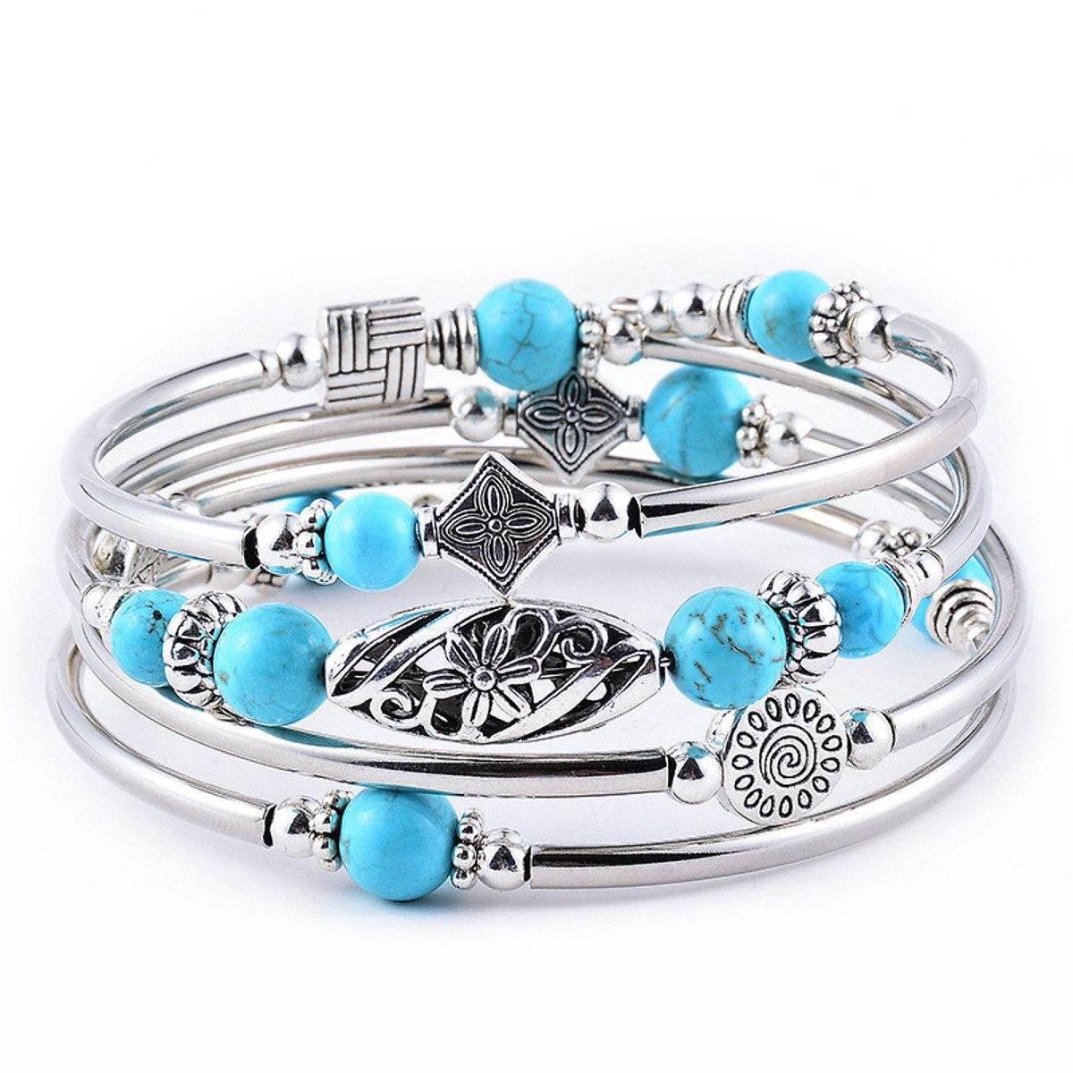 KARMA Armband Mehrreihig Silber Türkis Damenarmband Natursteine Boho Schmuck (Geschenk für Sie, Damenarmschmuck), Natursteinarmband Metall Metallarmband modern