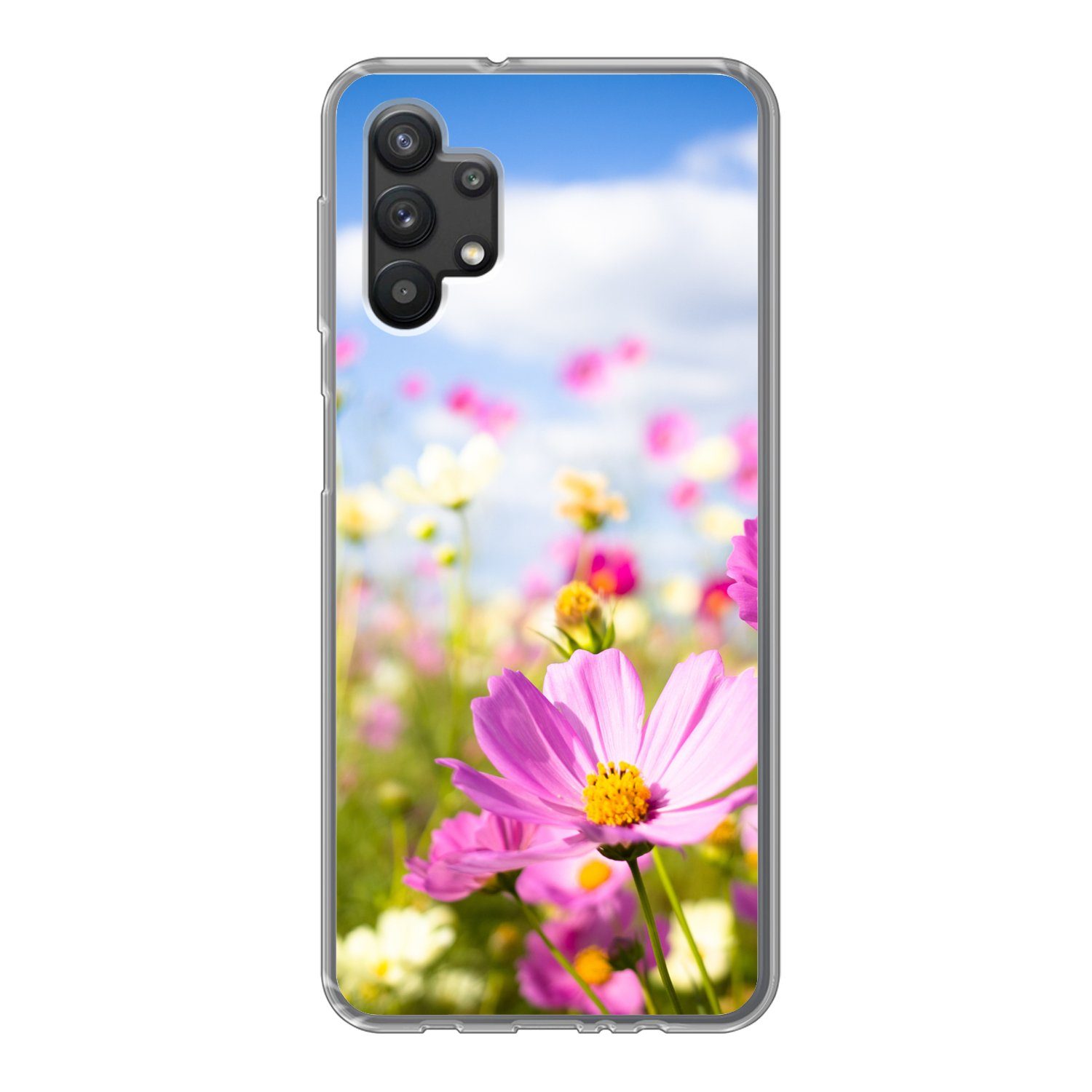 MuchoWow Handyhülle für Samsung Galaxy A32 5G Blumen - Wiese - Lila - Gras - Weiß - Wolken, Smartphone-Bumper, Print, Handy Schutzhülle Dünn
