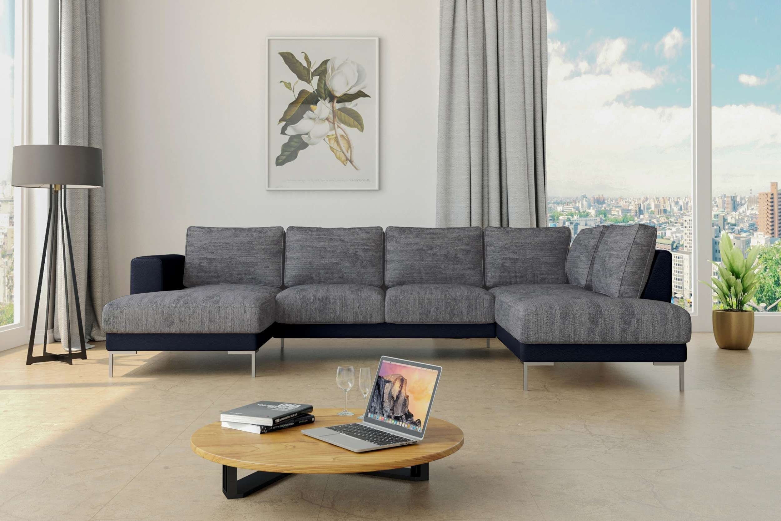 Stylefy Wohnlandschaft Santini, Sofa, U-Form, frei Design, im Schwarz rechts Grau Wellenfederung, - links bestellbar, stellbar, mit Raum Modern oder Metall mane