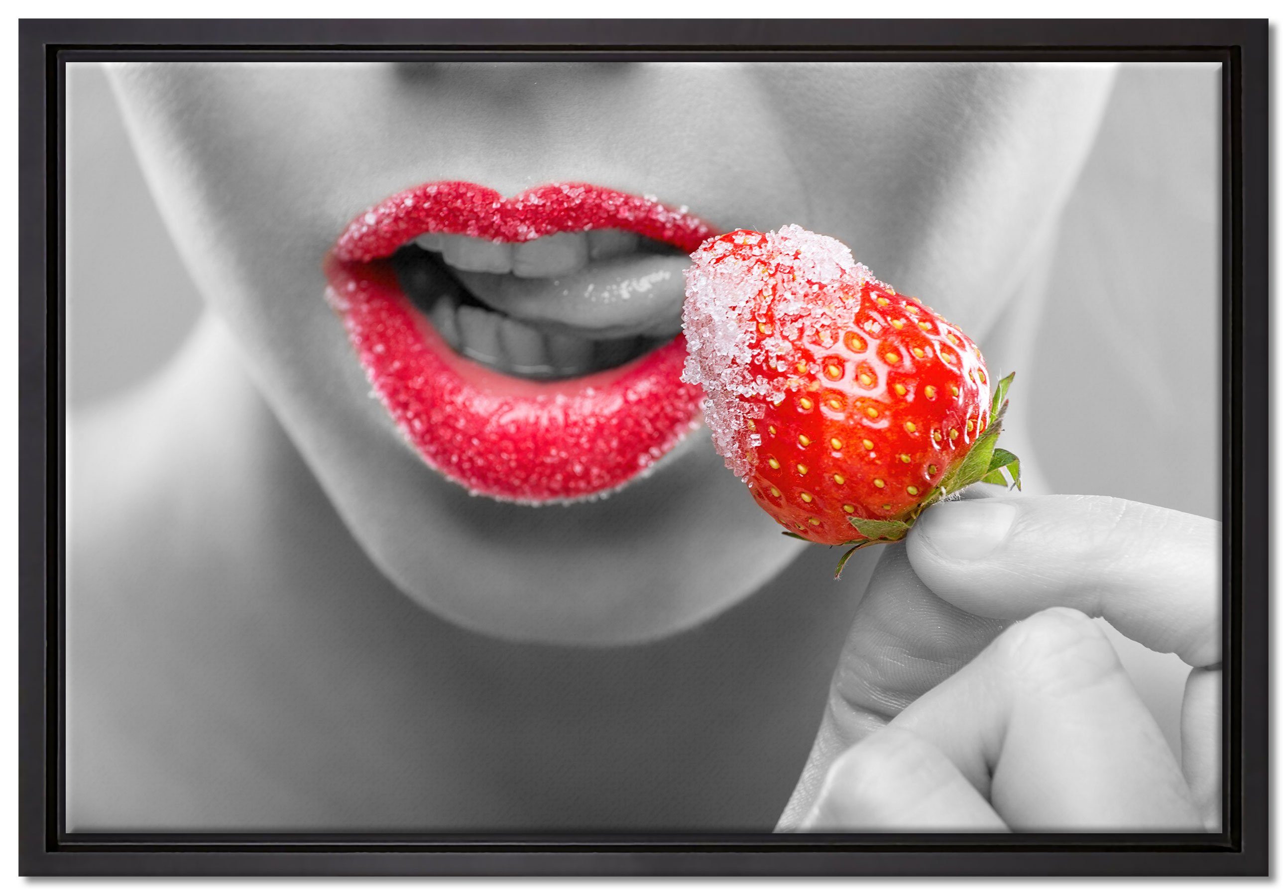 Pixxprint Leinwandbild Erdbeere mit Zucker, Wanddekoration (1 St), Leinwandbild fertig bespannt, in einem Schattenfugen-Bilderrahmen gefasst, inkl. Zackenaufhänger